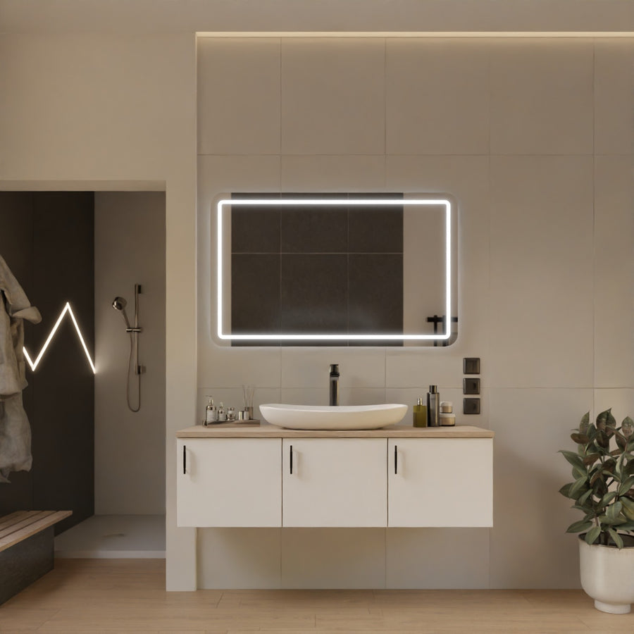 Badezimmerspiegel mit LED-Lichtleiste, rechteckig, abgerundete Ecken, an Wand montiert