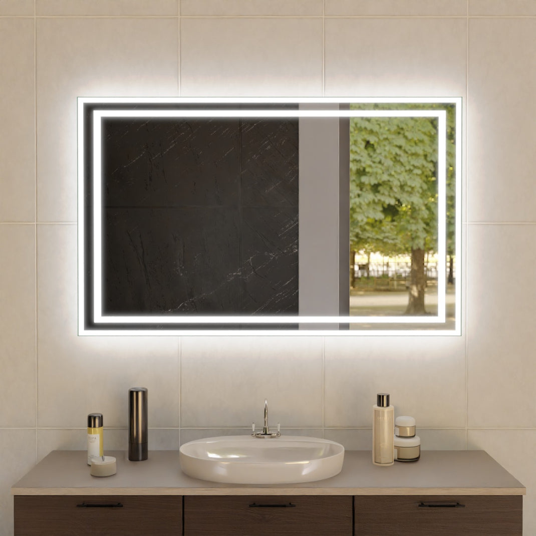 LED Badspiegel mit rechteckigem Rahmen, umlaufender Lichtleiste, weiß
