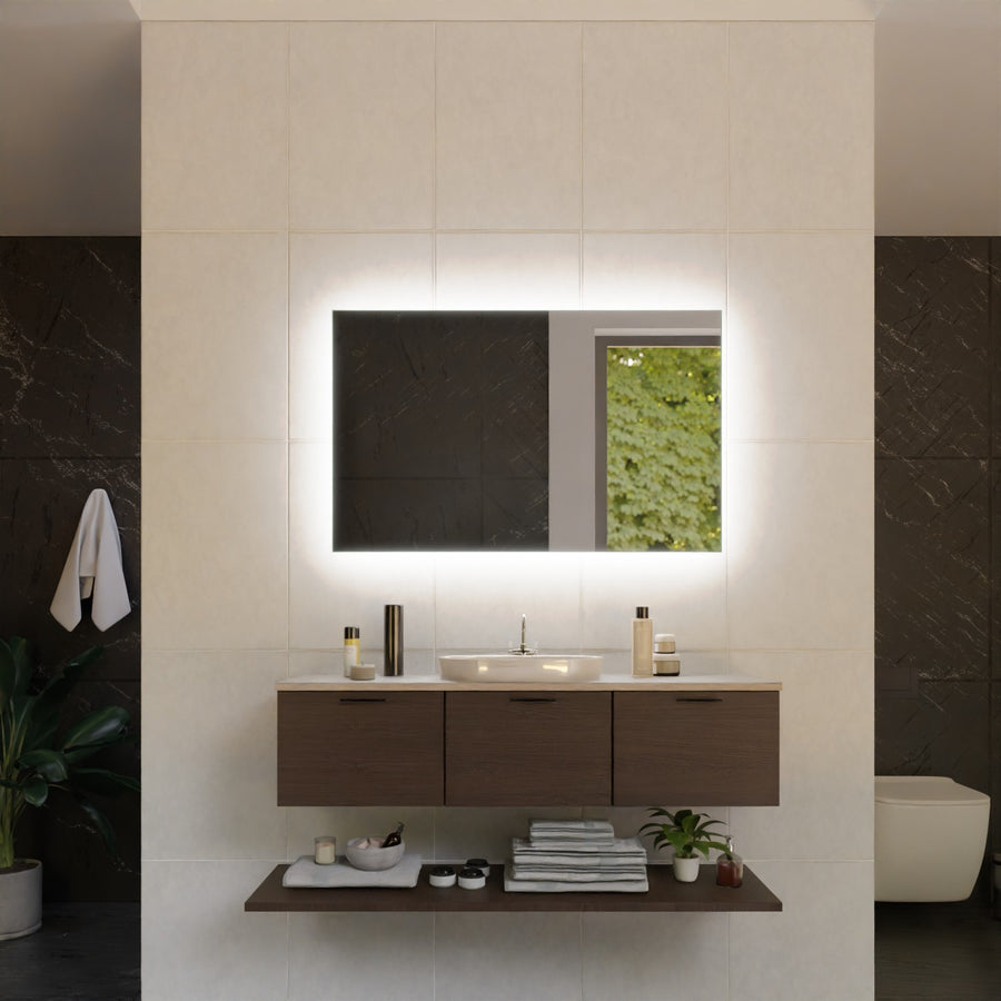 Badezimmerspiegel mit Hintergrundbeleuchtung, rechteckige Spiegelfläche über Waschtisch