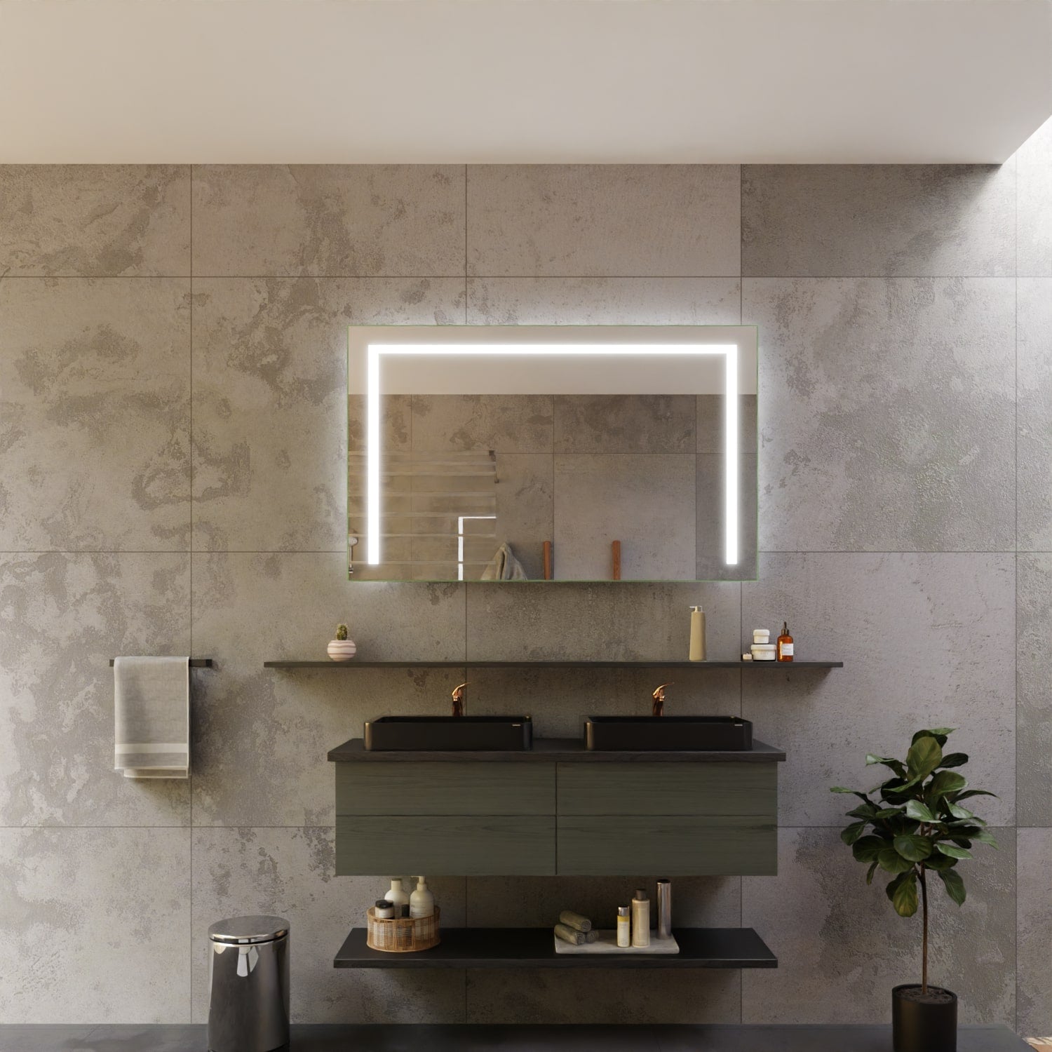 Modernes Badezimmer mit grauen Betonoptik-Fliesen, beleuchtetem Spiegel, Doppelwaschbecken mit dunklen Armaturen, schwebendem Unterschrank und minimalistischer Dekoration