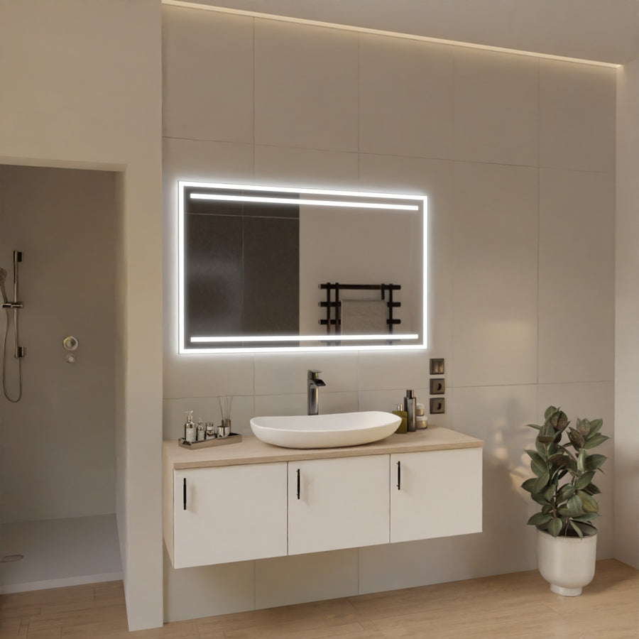 Rechteckiger LED-Spiegel an der Wand mit heller LED-Rahmenbeleuchtung und Waschtisch