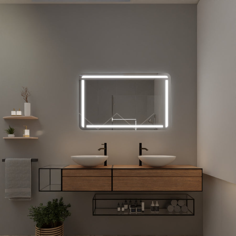 Badspiegel mit LED-Leuchtrahmen und abgerundeten Ecken, rechteckige Form