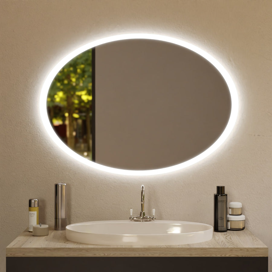 Ovaler Spiegel La Palma mit LED-Ring, ovales Glas über runder Waschtischschale