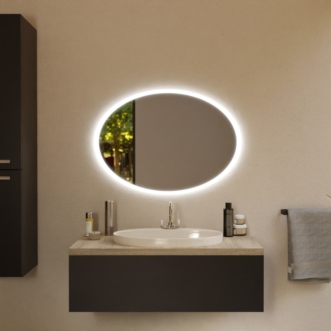 Ovaler Spiegel La Palma mit LED-Ring über Waschbecken, ovales Spiegelglas