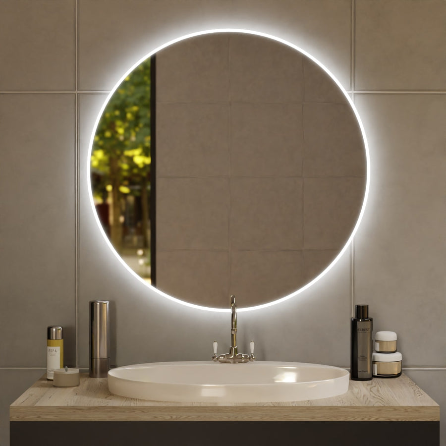 Spiegel Rund Bremen: runder Wandspiegel mit LED-Ring, Spiegelkante und Reflektion sichtbar