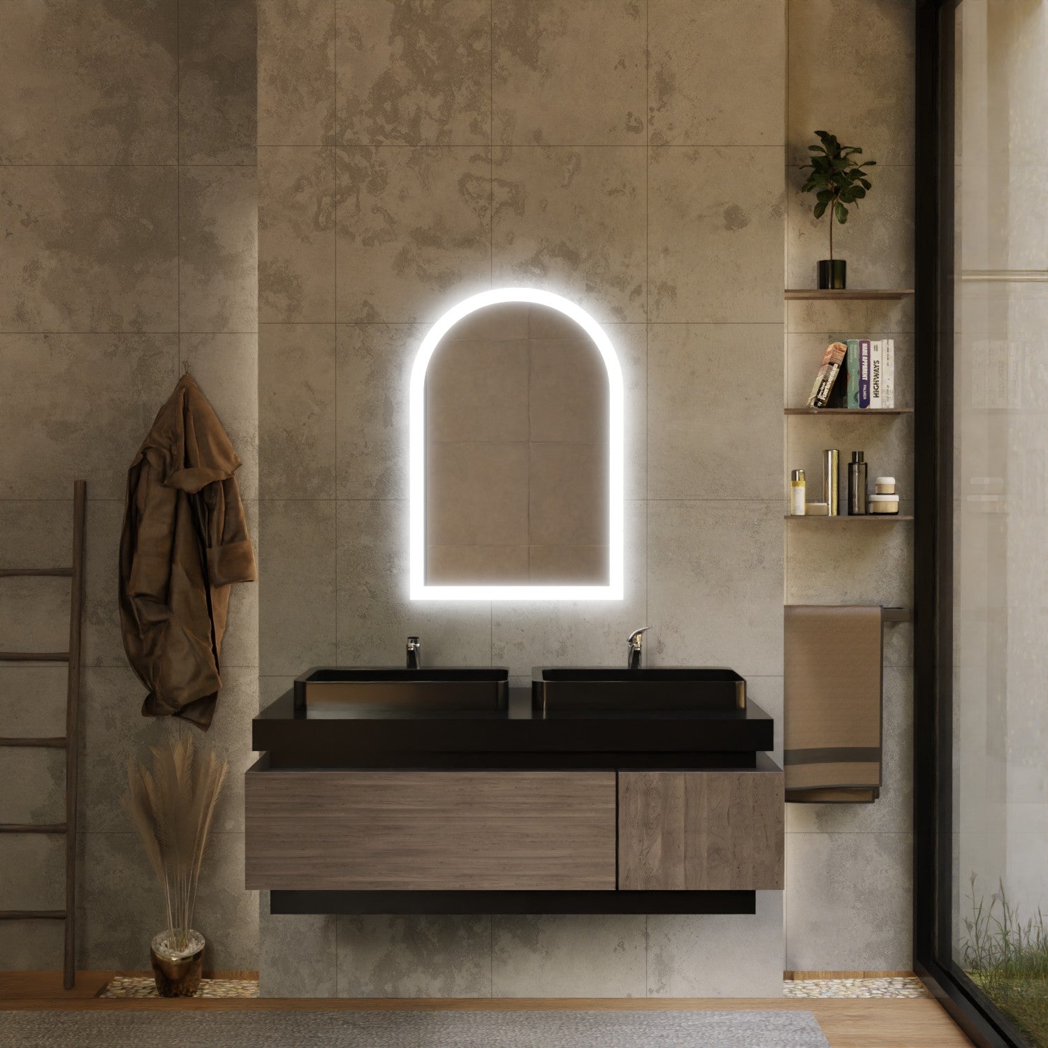 Modernes Badezimmer mit beleuchtetem Bogen-Spiegel, Doppelwaschbecken in Schwarz, schwebendem Unterschrank in Holzoptik, grauen Betonoptik-Fliesen und offener Regalnische neben einer großen Fensterfront