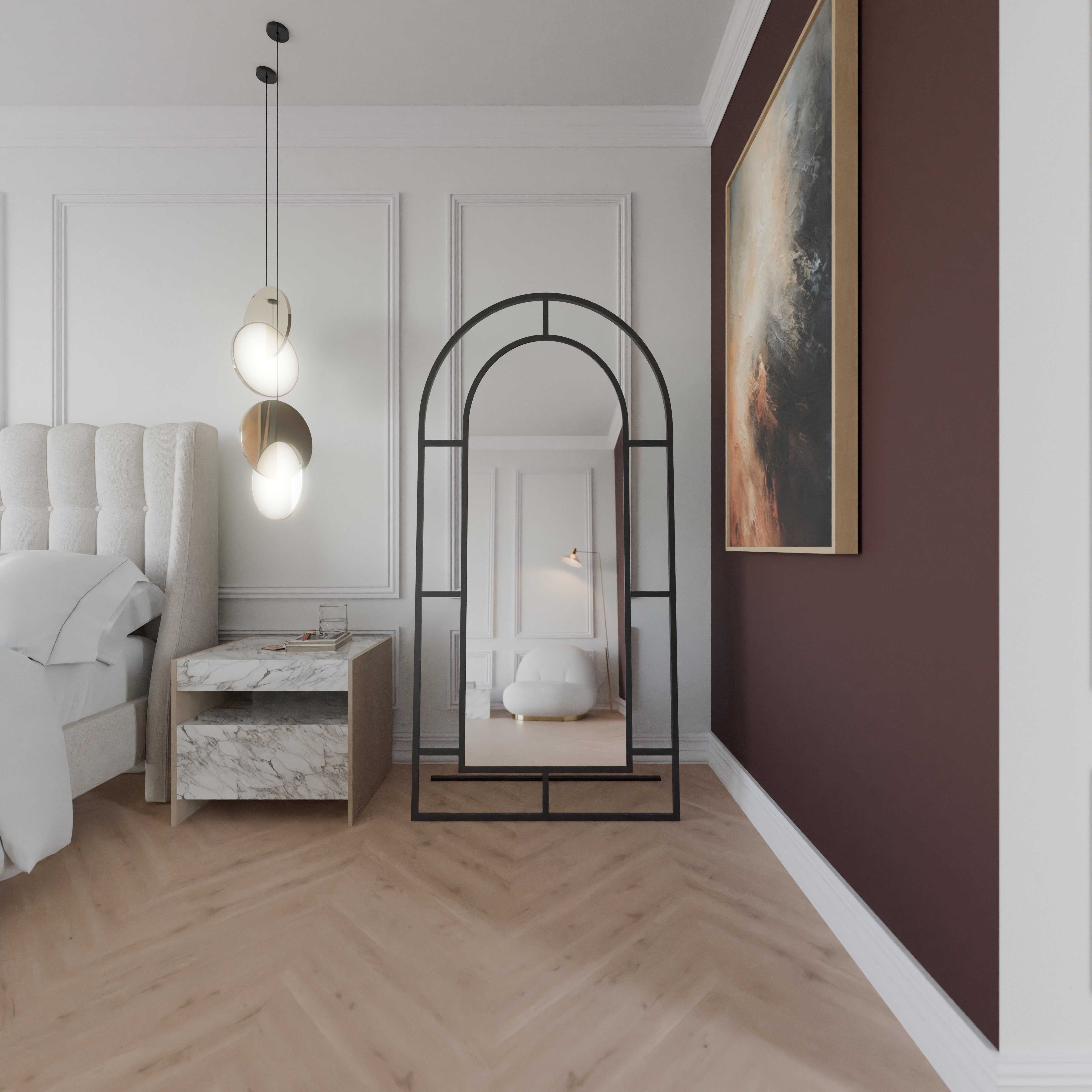 Bellator freistehender Ganzkörperspiegel mit schwarzem Metallrahmen in Bogenform und Streben-Design, im Schlafzimmer platziert.