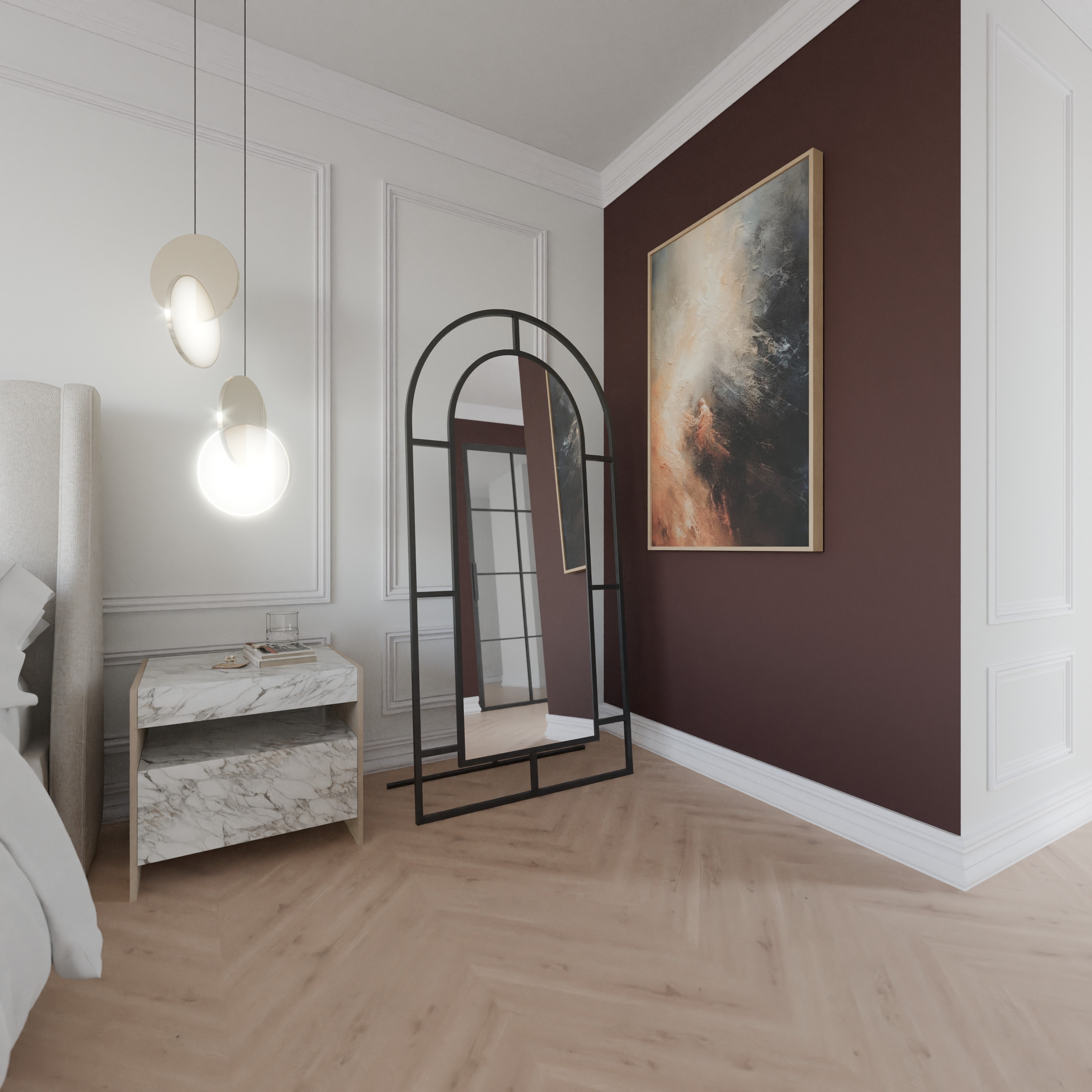 Bellator freistehender Ganzkörperspiegel mit schwarzem Metallrahmen in Bogenform und Streben-Design, schräg im Schlafzimmer fotografiert.