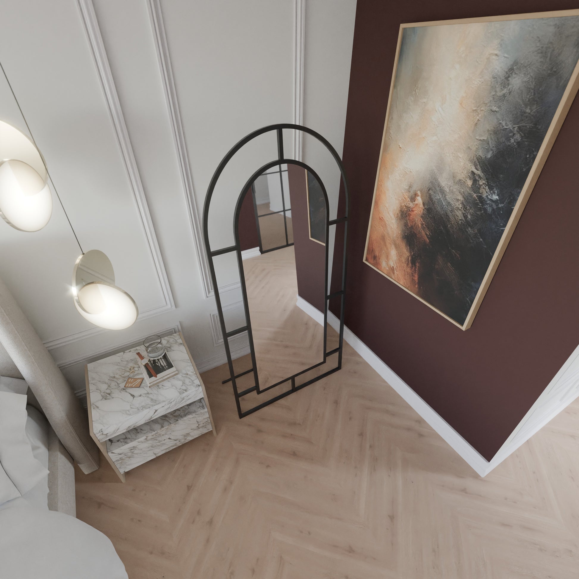 Bellator freistehender Ganzkörperspiegel mit schwarzem Metallrahmen in Bogenform und Streben-Design, schräg von oben im Schlafzimmer fotografiert.