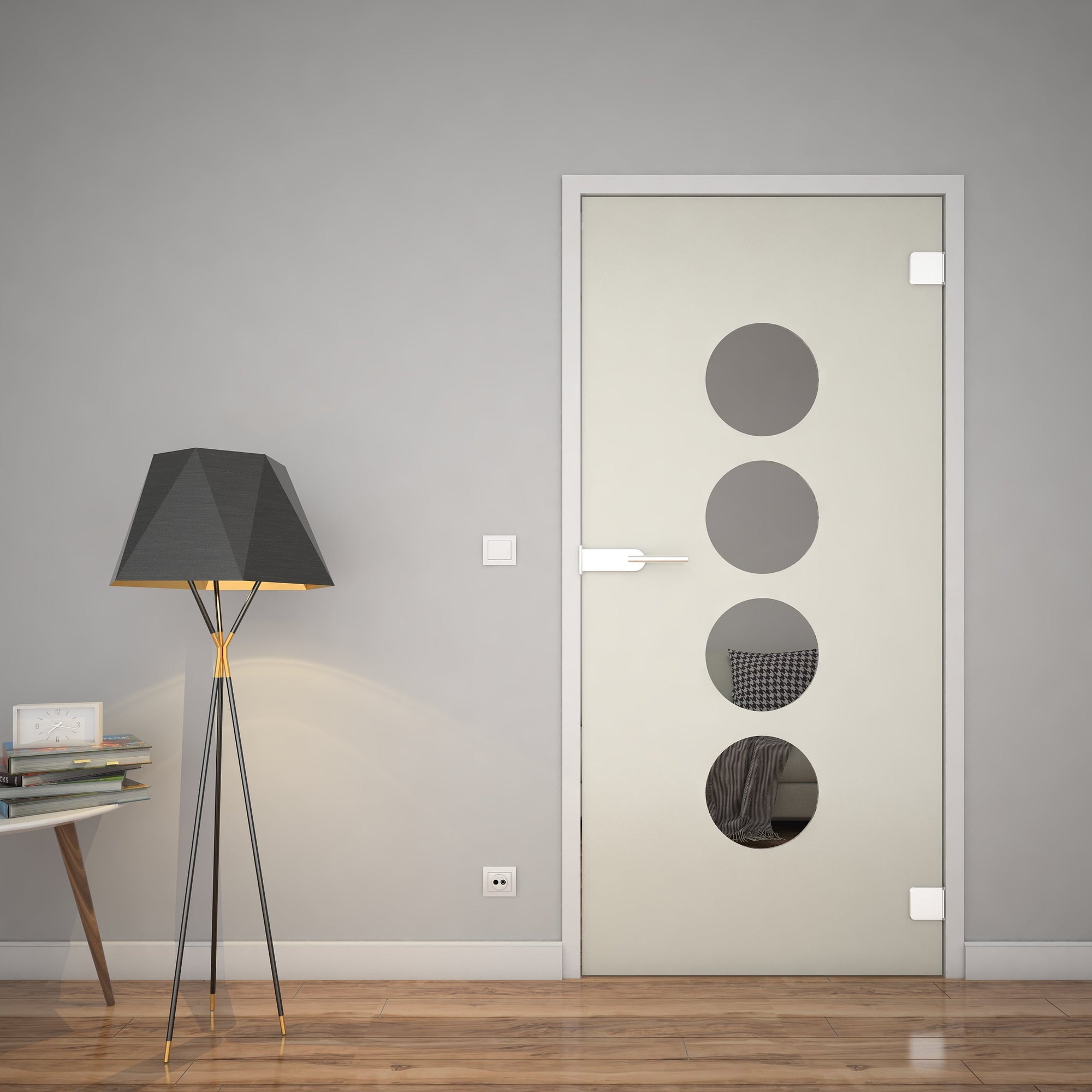 Glastür mit weißem Rahmen und vier runden Designöffnungen im satinierten Glas