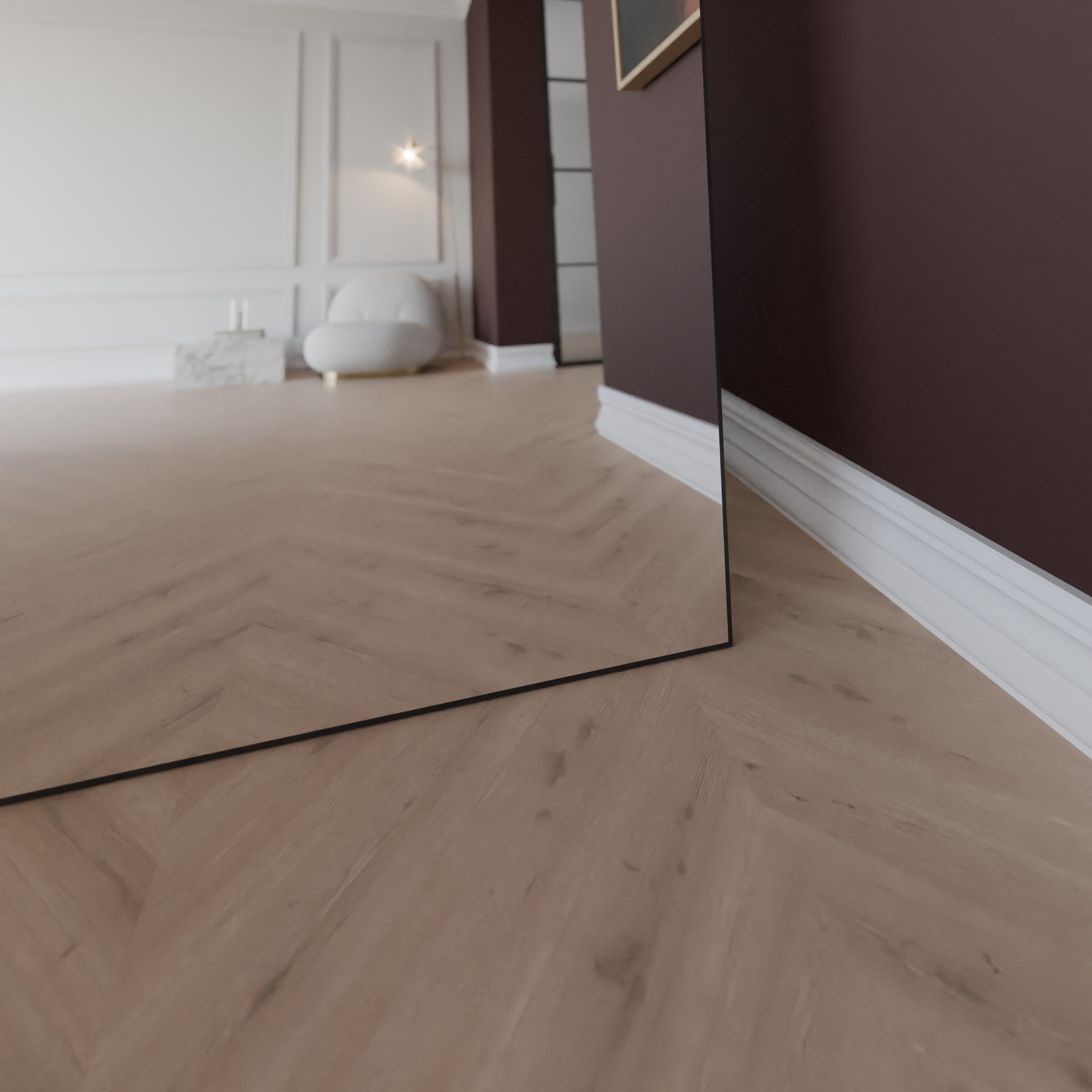 Standspiegel mit ovaler Spiegelplatte, schwarz eingefasst, Blick auf den Standfuß