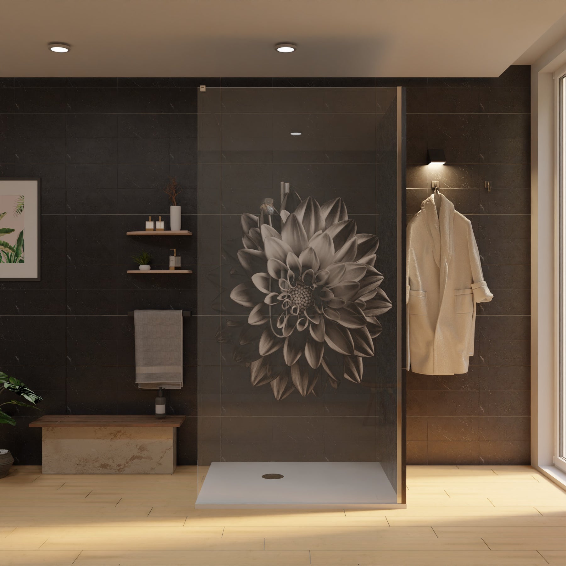 Eck-Duschwand mit Laserblumenmotiv auf klarem Glas, schmaler Metallrahmen