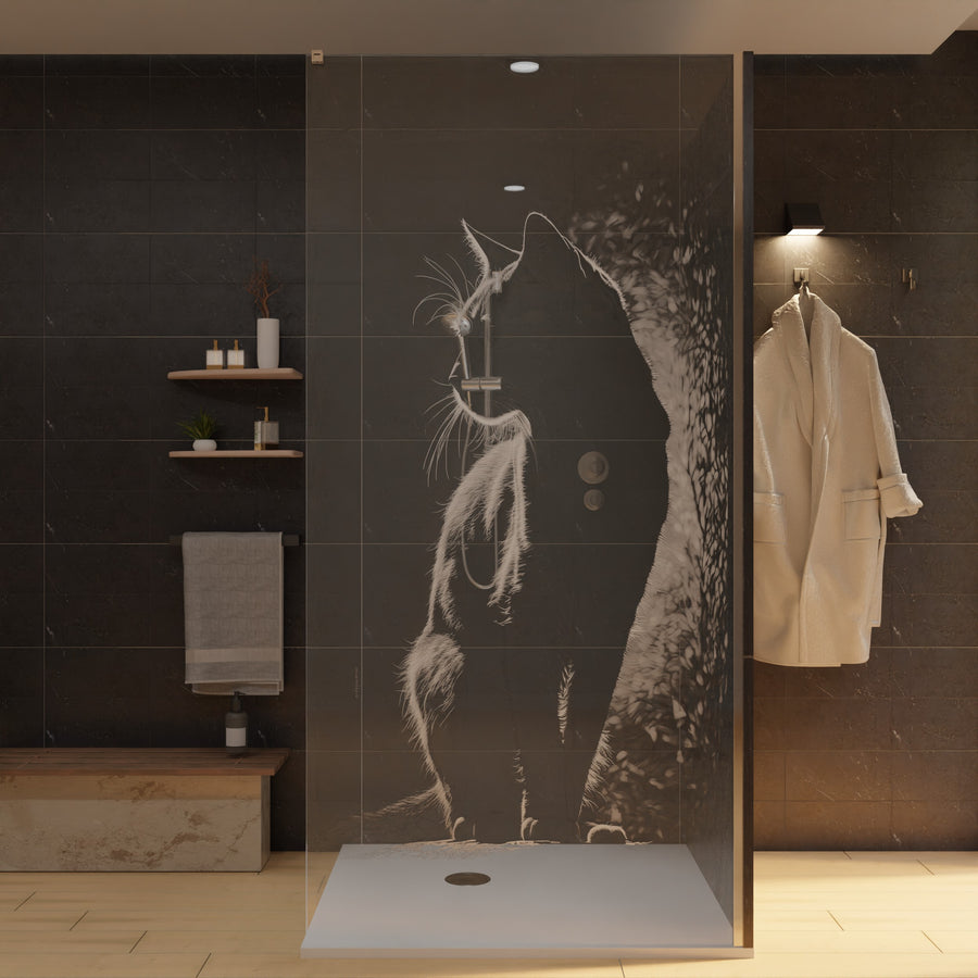 Duschwand mit Lasermotiv Katze, schmale Glasfront mit Katzenmotiv