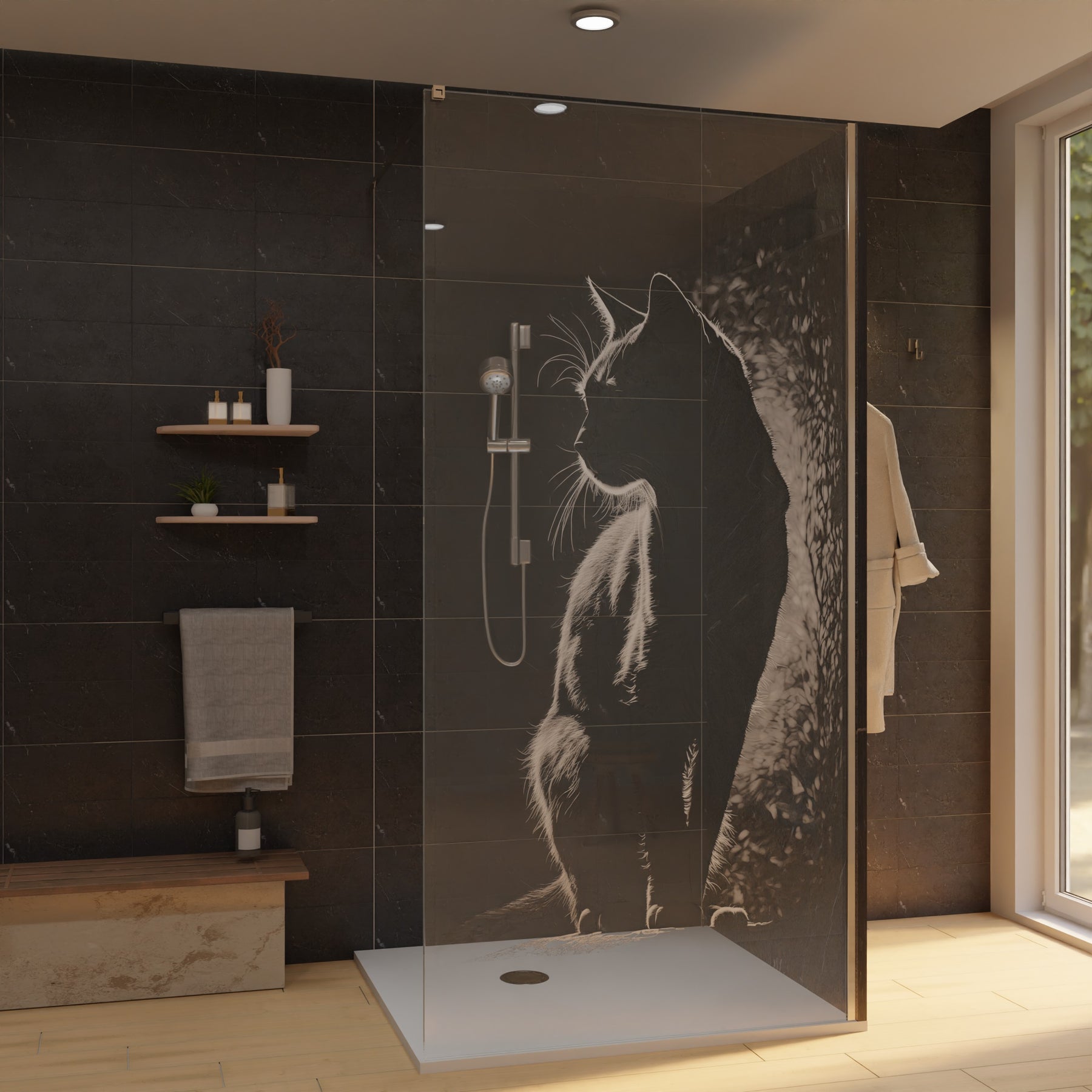 Duschwand mit Lasermotiv Katze, Glasfront mit Katzenmotiv