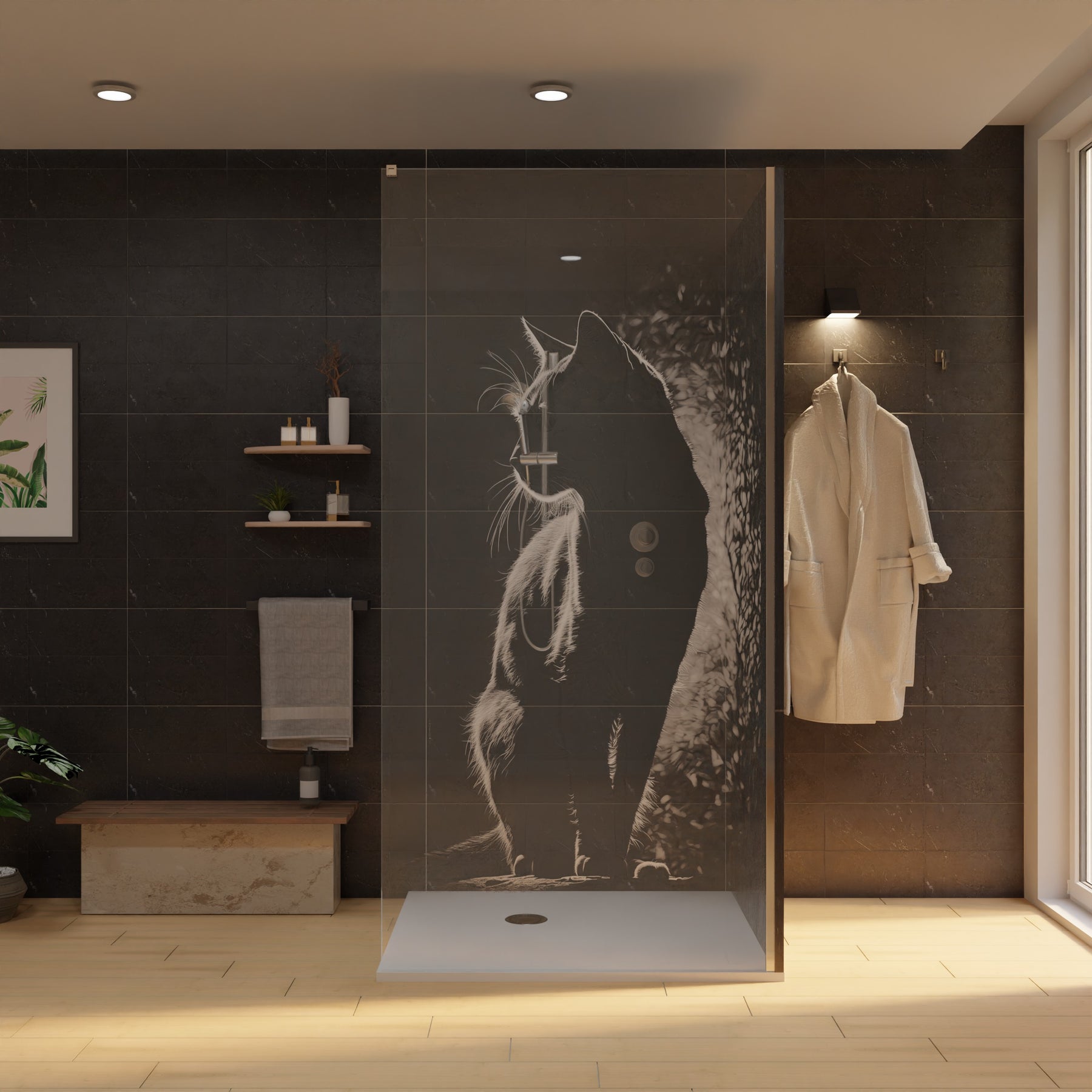 Duschwand mit Lasermotiv Katze, Glaswand mit detailreichem Katzenmotiv