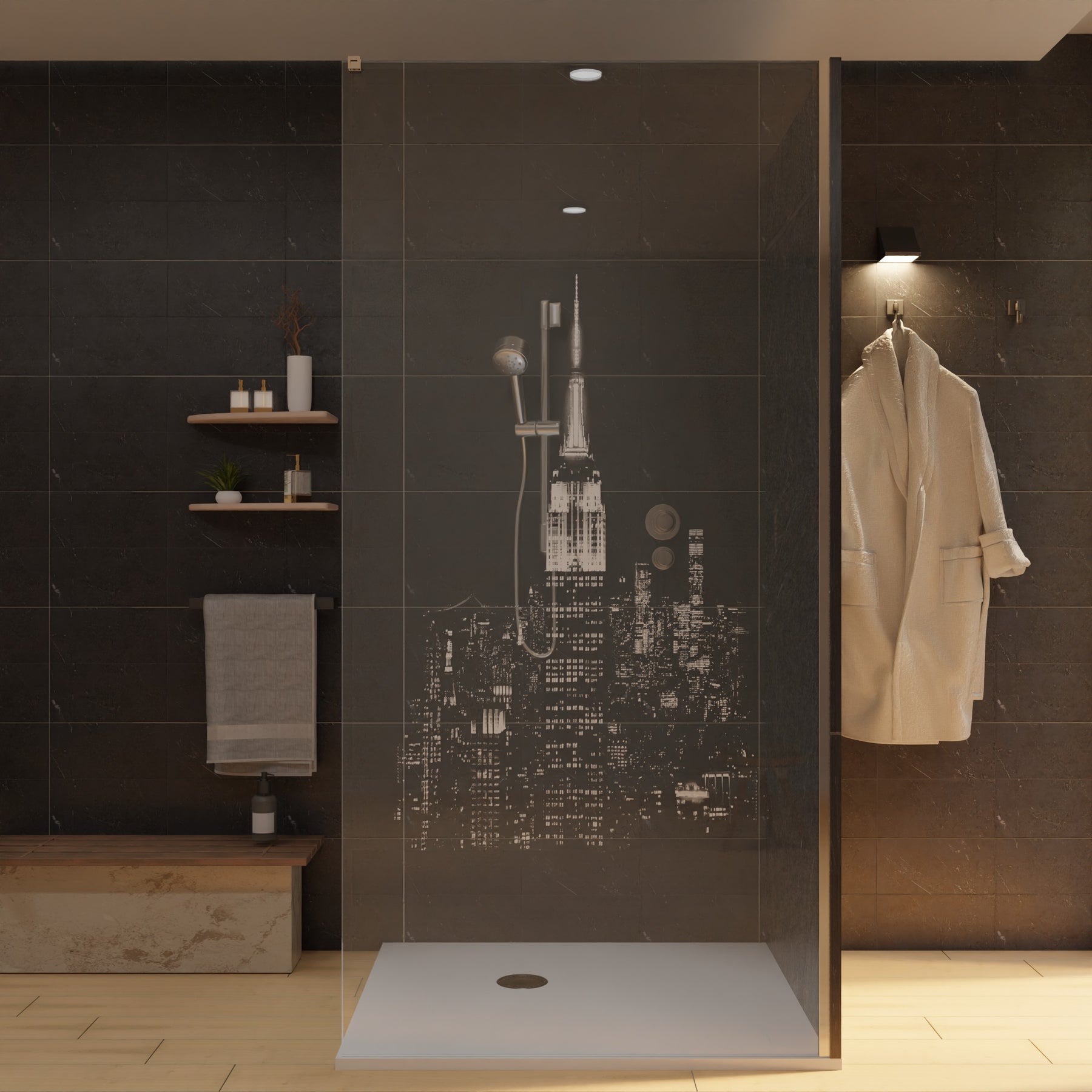 Duschwand mit Laser-Motiv: Glasscheibe mit New Yorker Skyline, Metallrahmen, Schwenkseite