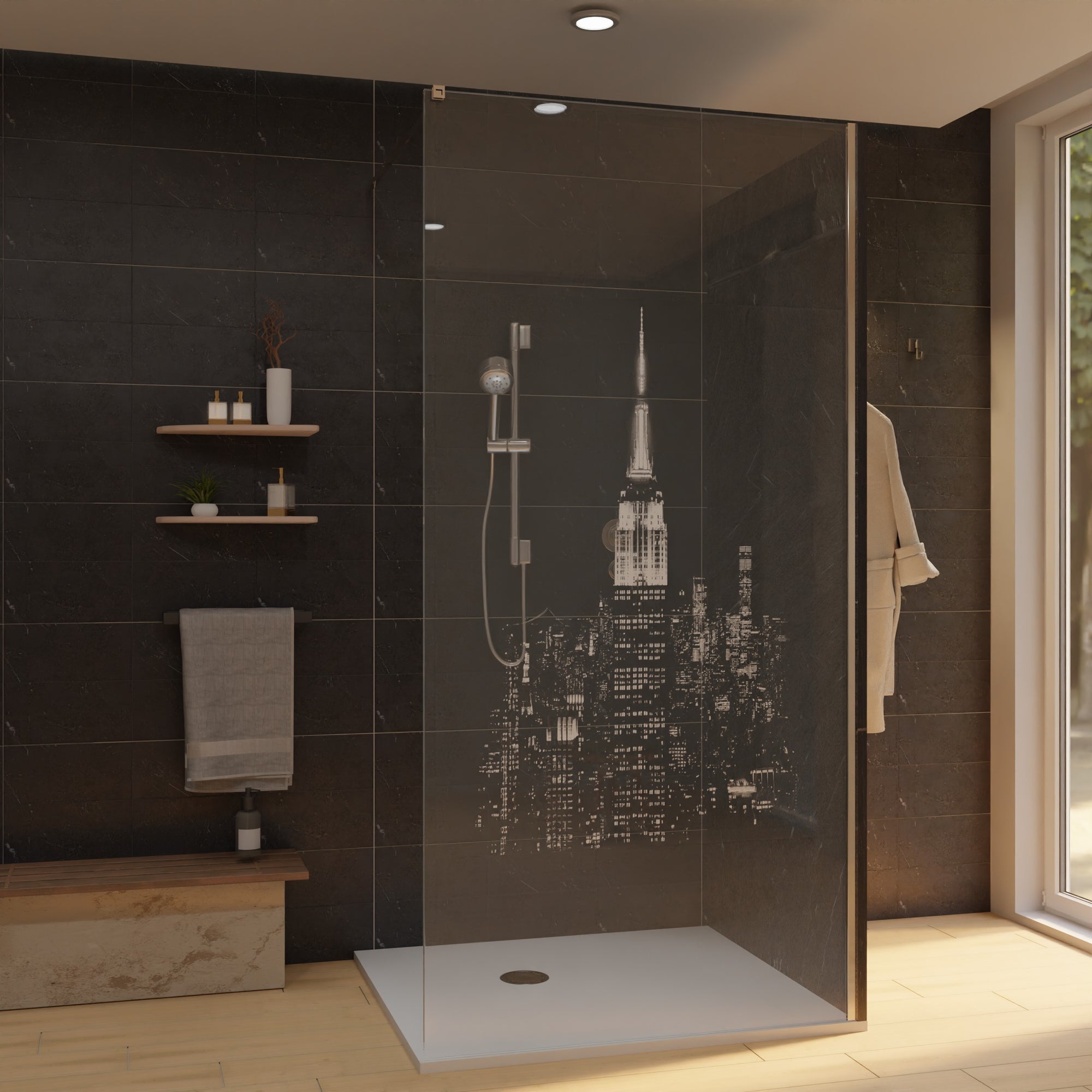 Duschwand mit Laser-Motiv: blickdichte Glasscheibe mit New Yorker Skyline, Metallrahmen