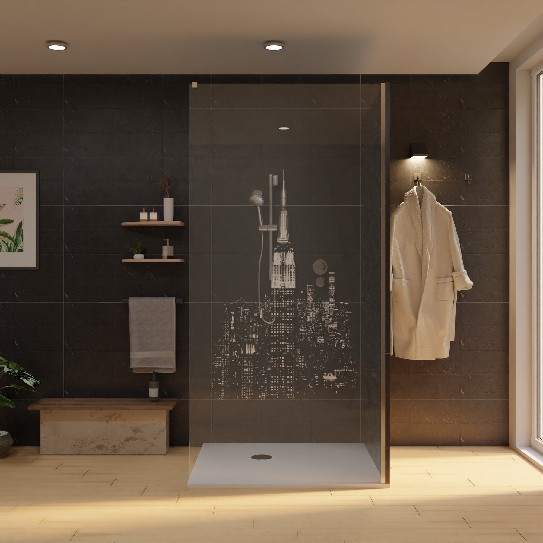 Duschwand mit Laser-Motiv: blickdichte Glasscheibe mit New Yorker Skyline, Rahmenelemente
