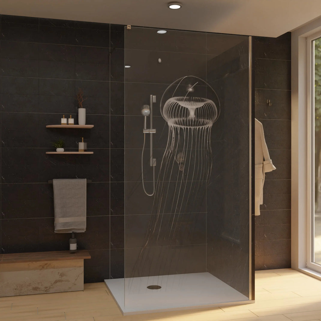 Duschwand aus Glas mit Laser-Motiv einer Qualle, klarem Panel mit Metallrahmen