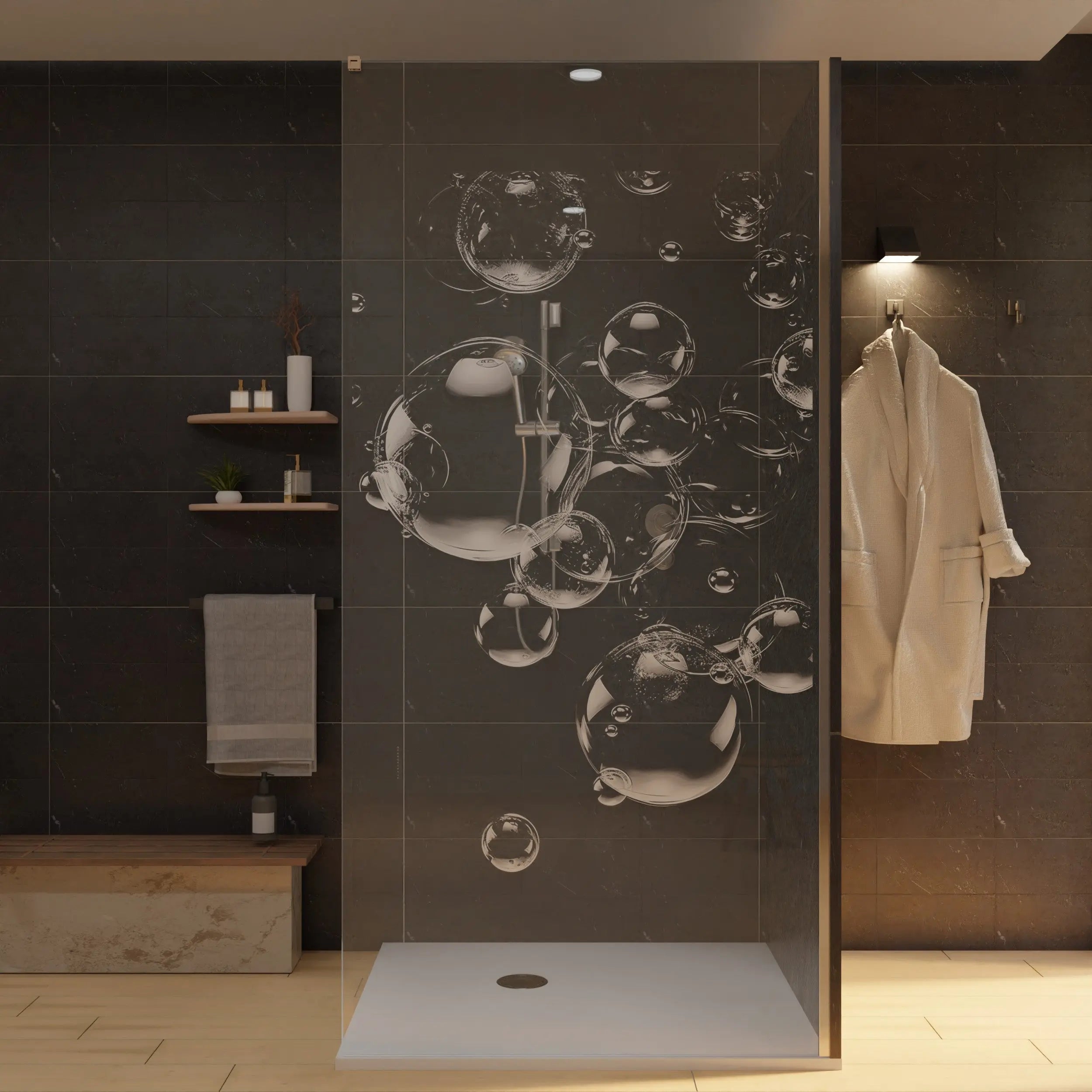 Duschwand mit Laser Motiv - Seifenblasen