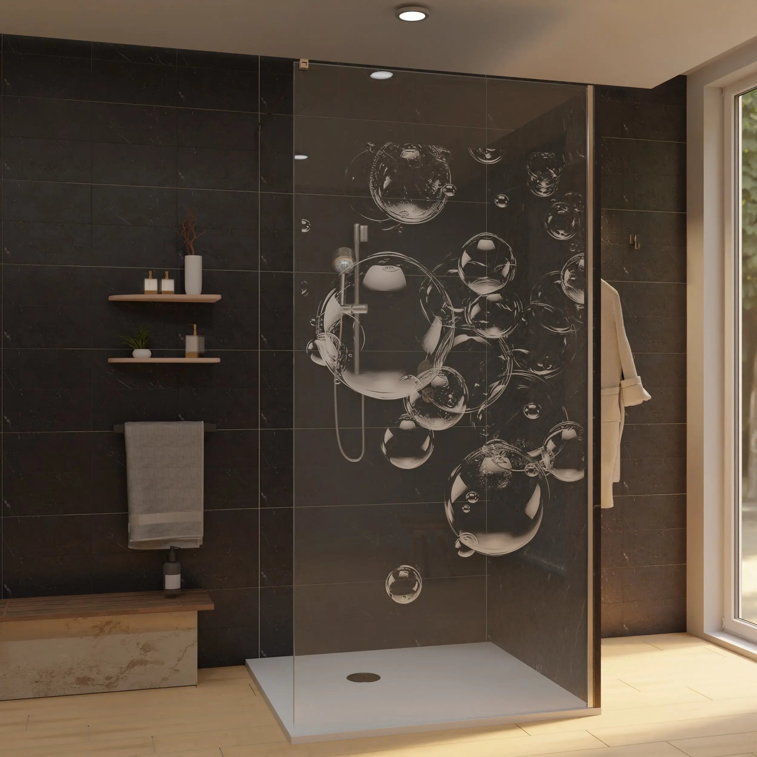 Duschwand mit Laser Motiv - Seifenblasen