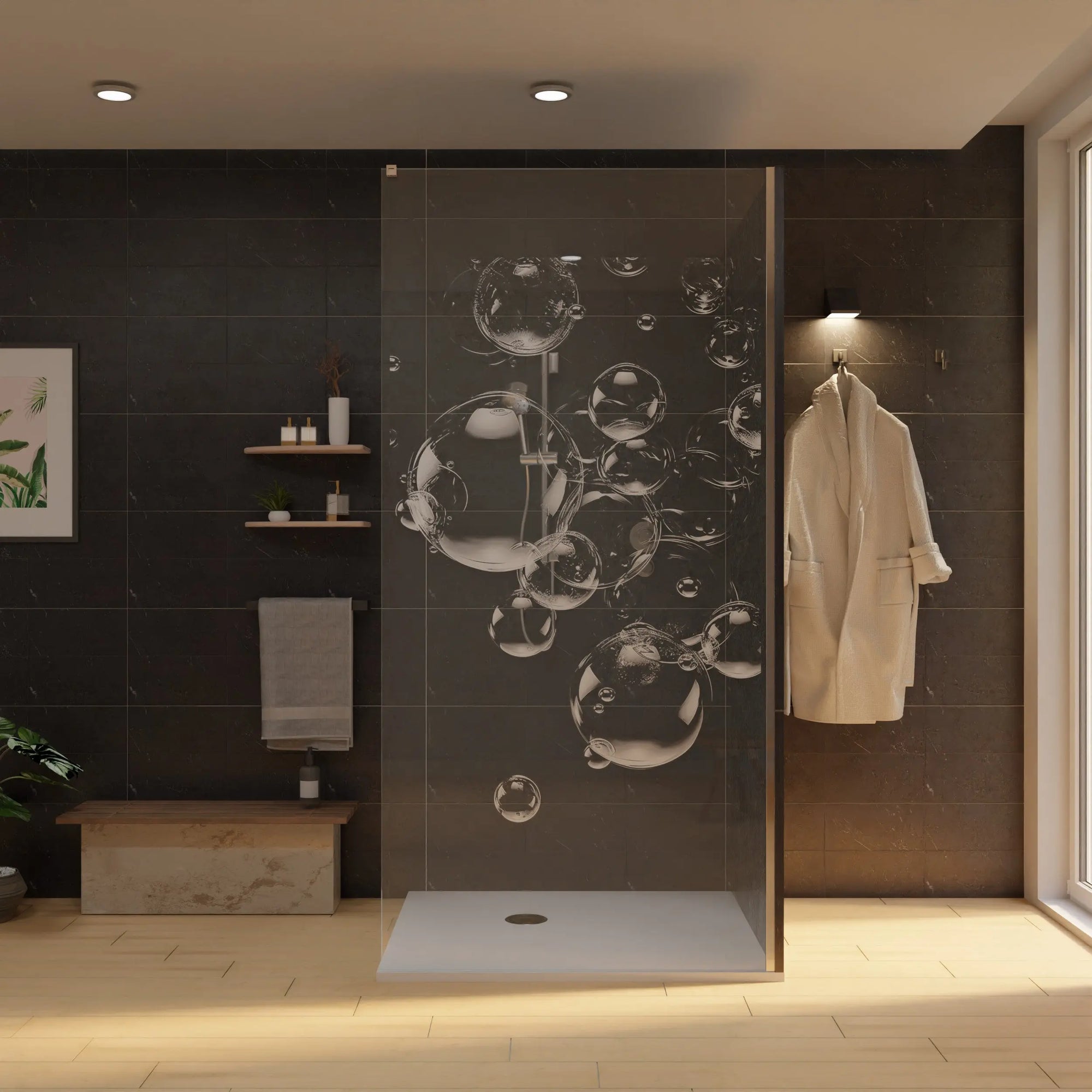 Duschwand Glasfront mit Laser-Seifenblasen, seitliche Ansicht, Metallprofile