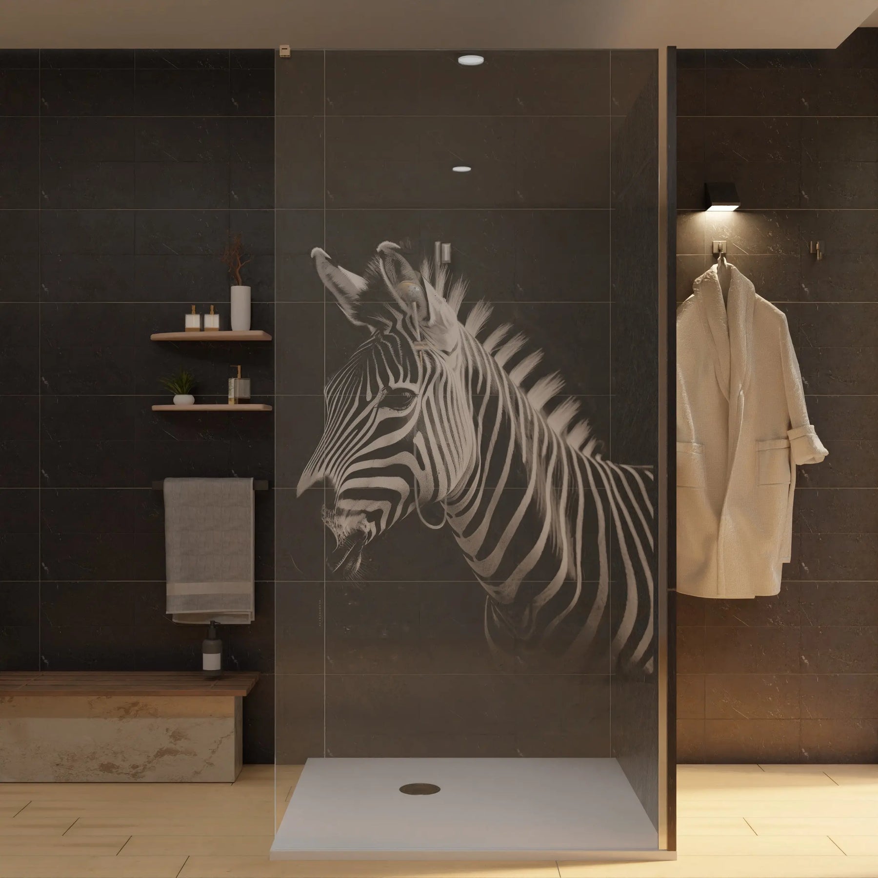 Duschwand aus Glas mit Laser-Zebra-Motiv und stabiler Rahmenkonstruktion