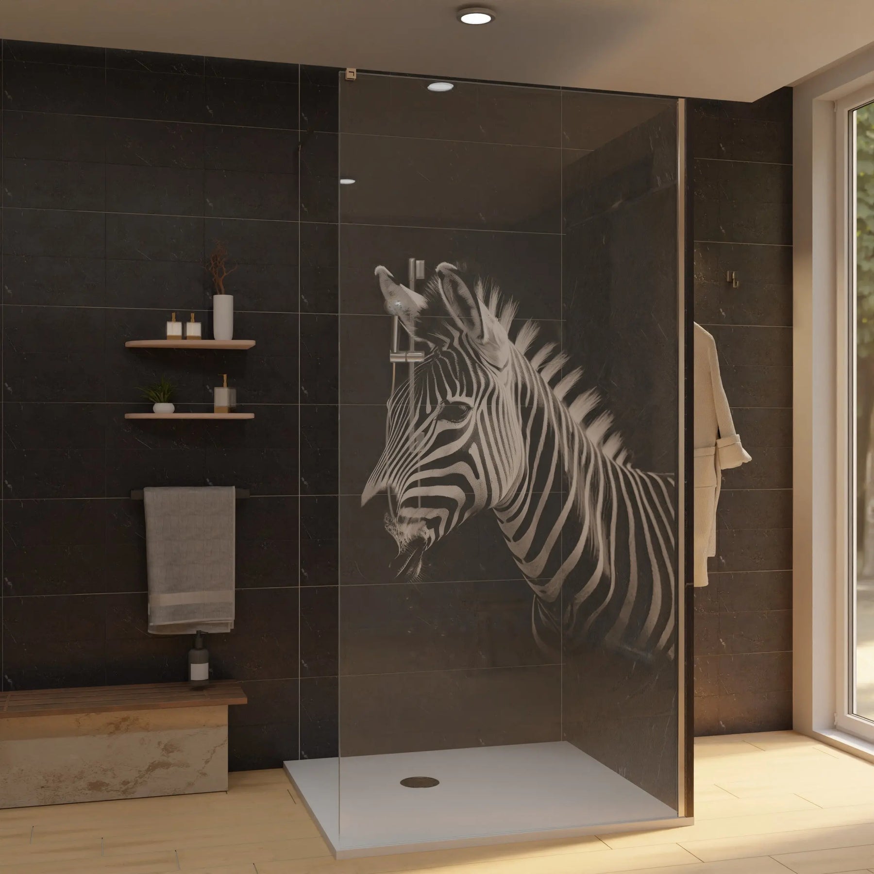 Duschwand aus Glas mit Laser-Zebra-Motiv im Duschbereich