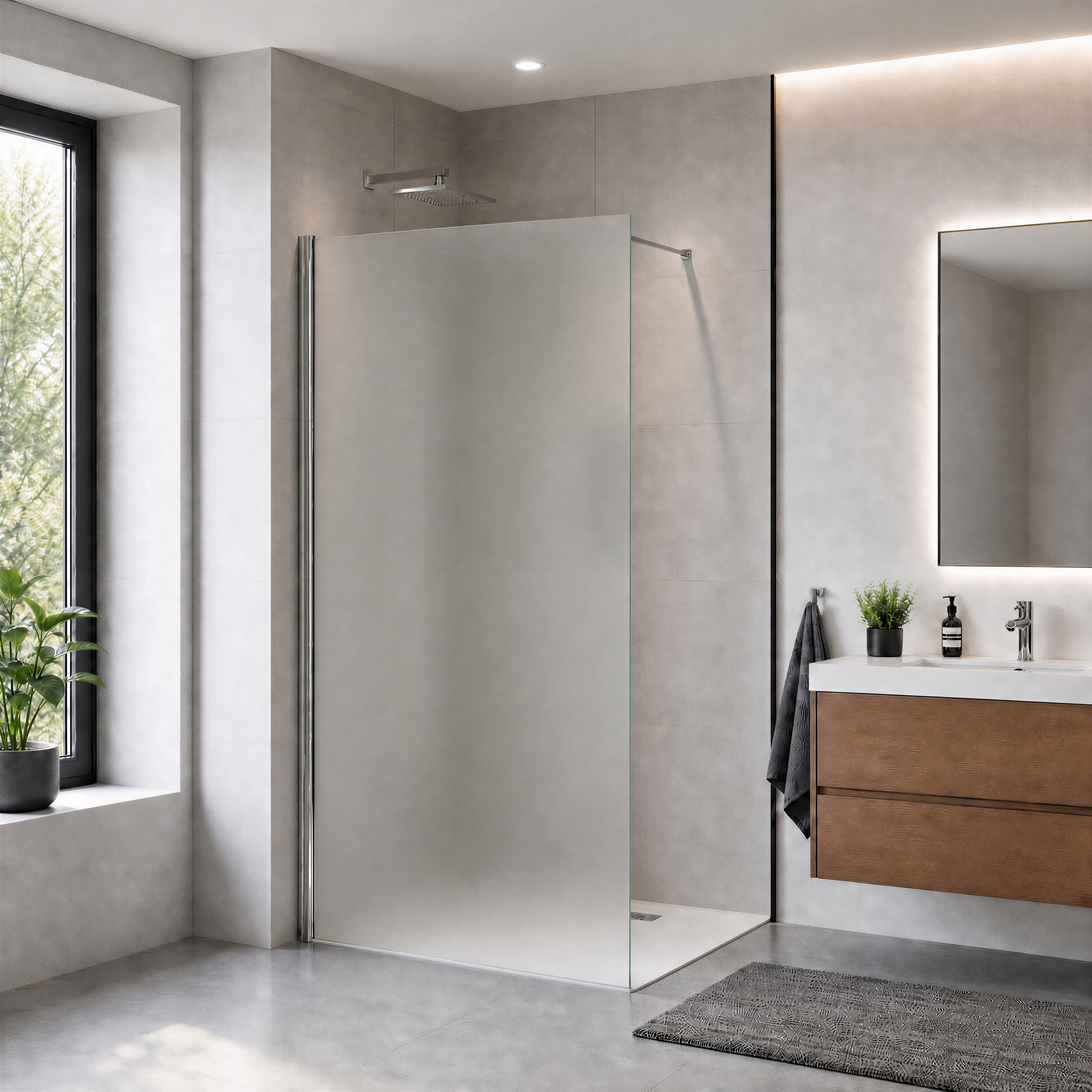 Shower enclosure glass panel with chrome hinges and metal frame, clear glass