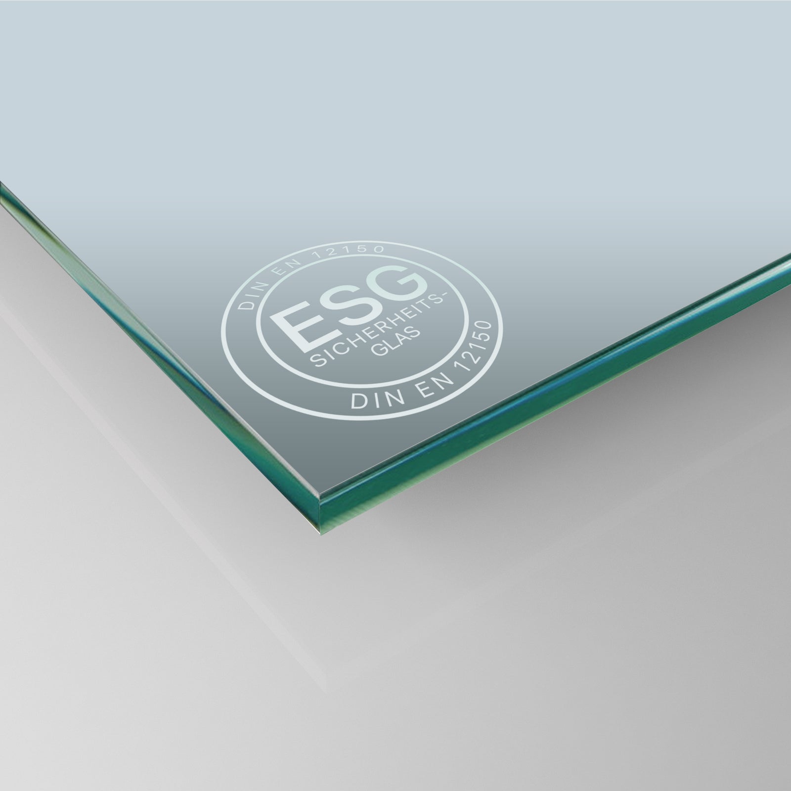 ESG-Glasplatte 5 mm mit grünem Seitenrand und ESG-Sicherheitsstempel