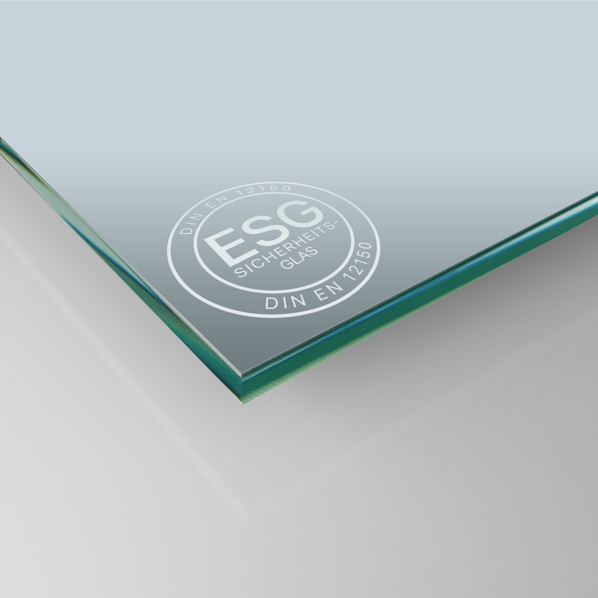 ESG-Glasplatte 5 mm mit grünem Seitenrand und ESG-Sicherheitsstempel