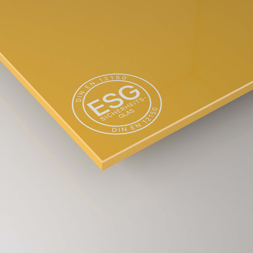 Gelb lackiertes ESG-Glas (4 mm) mit Zertifizierungsaufdruck