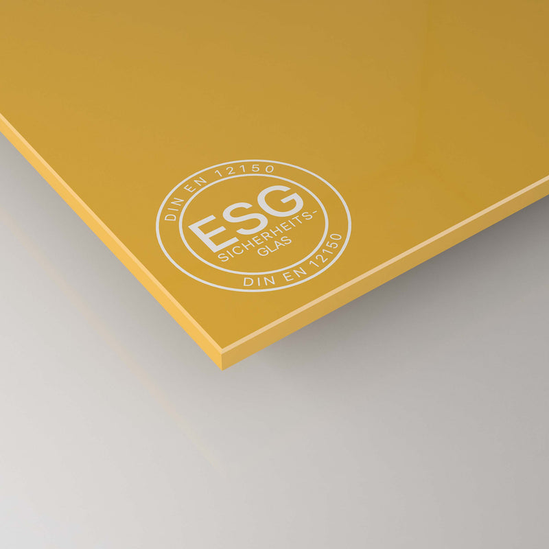 Gelb lackiertes ESG-Glas (4 mm) mit Zertifizierungsaufdruck