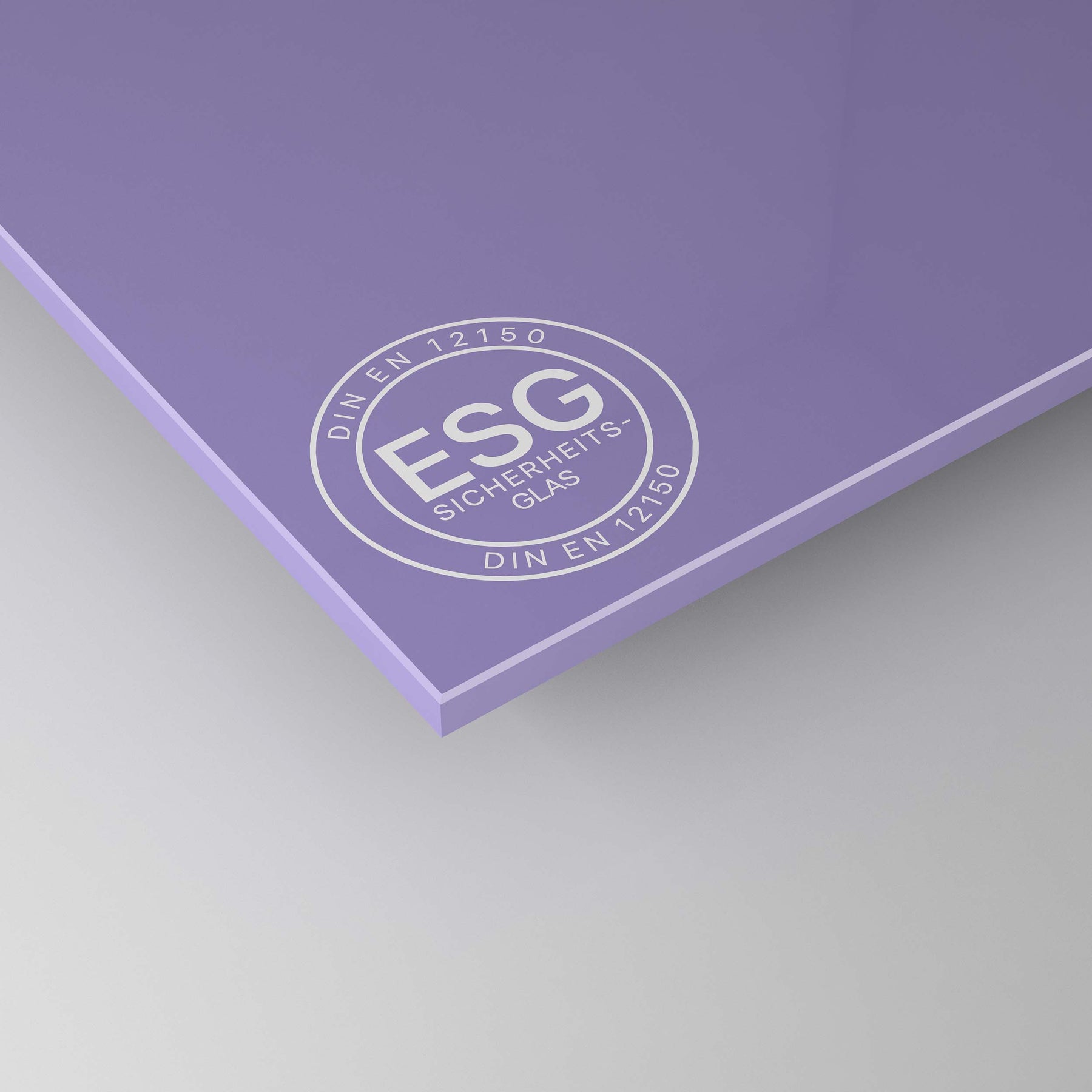Lila-violettes lackiertes ESG-Glas mit ESG-Siegel auf Ecke