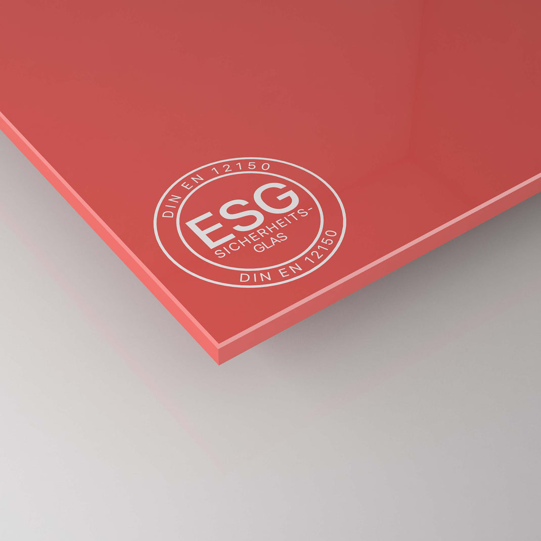ESG-Sicherheitsglasplatte, rot lackiert und satiniert, mit Prüfplakette am Rand