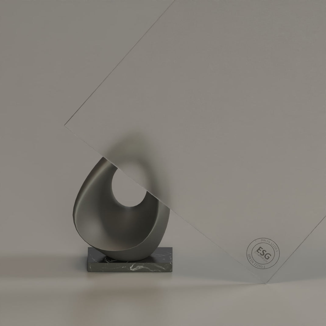 Satiniertes ESG-Glas, 6 mm, Eckenansicht mit ESG-Prägung