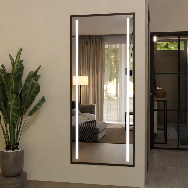 Rectangular wall mirror with LED lighting along the frame edges, dark border