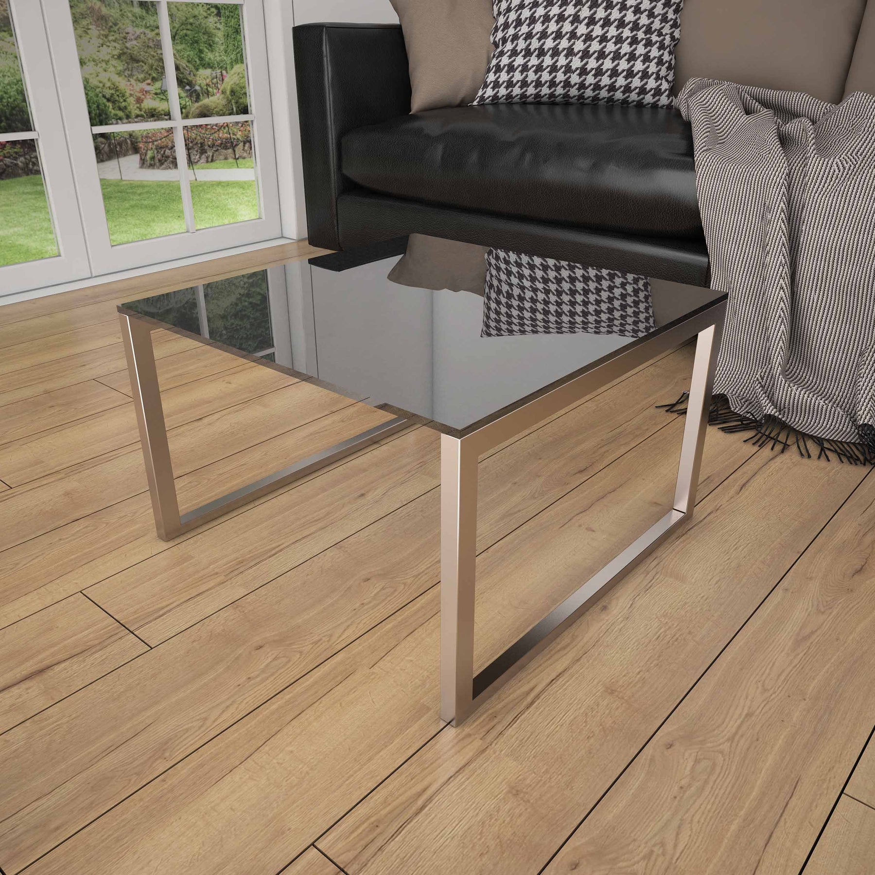 Couchtisch mit Glas-Tischplatte und hellem Holzgestell, rechteckig