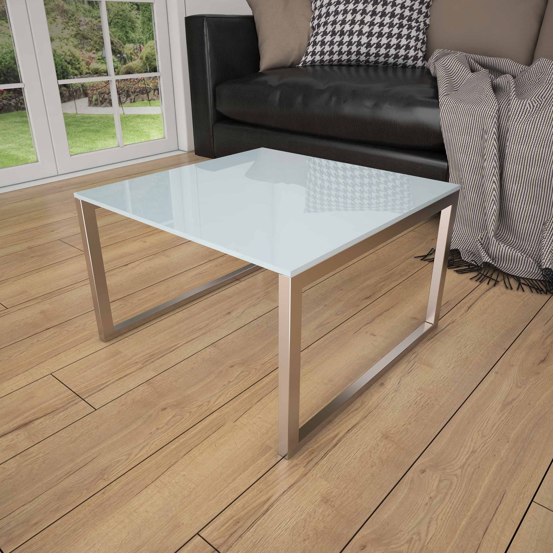 Gray glass-topped table with rectangular frame, modern living room table