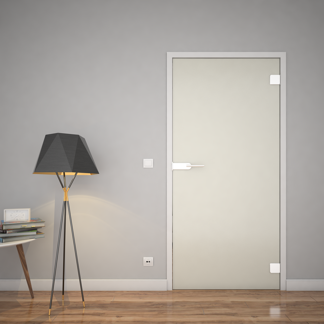 Glastür mit satiniertem Glas, schmalem Rahmen und waagerechtem Griffhebel