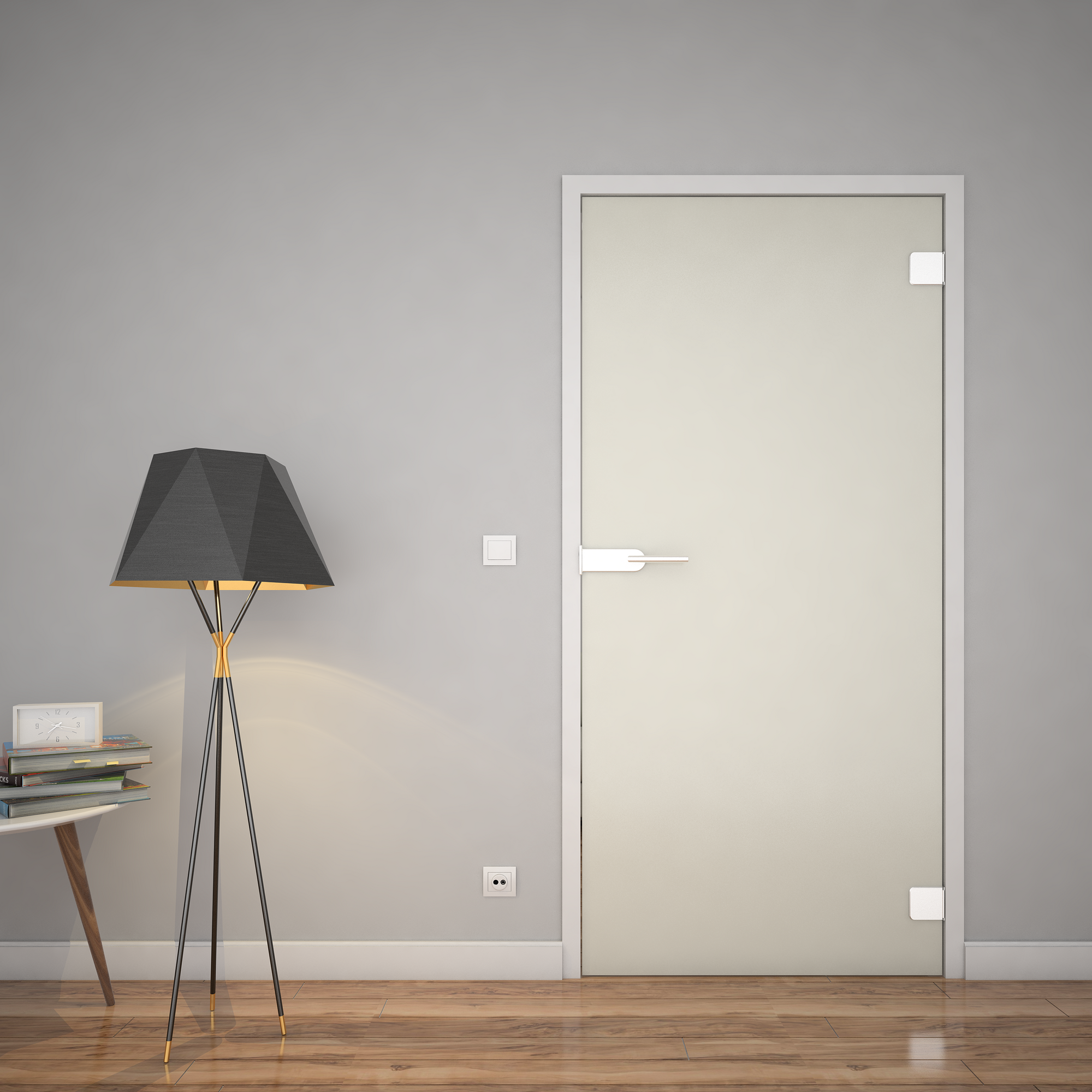 Glastür mit satiniertem Glas, schmalem Rahmen und waagerechtem Griffhebel