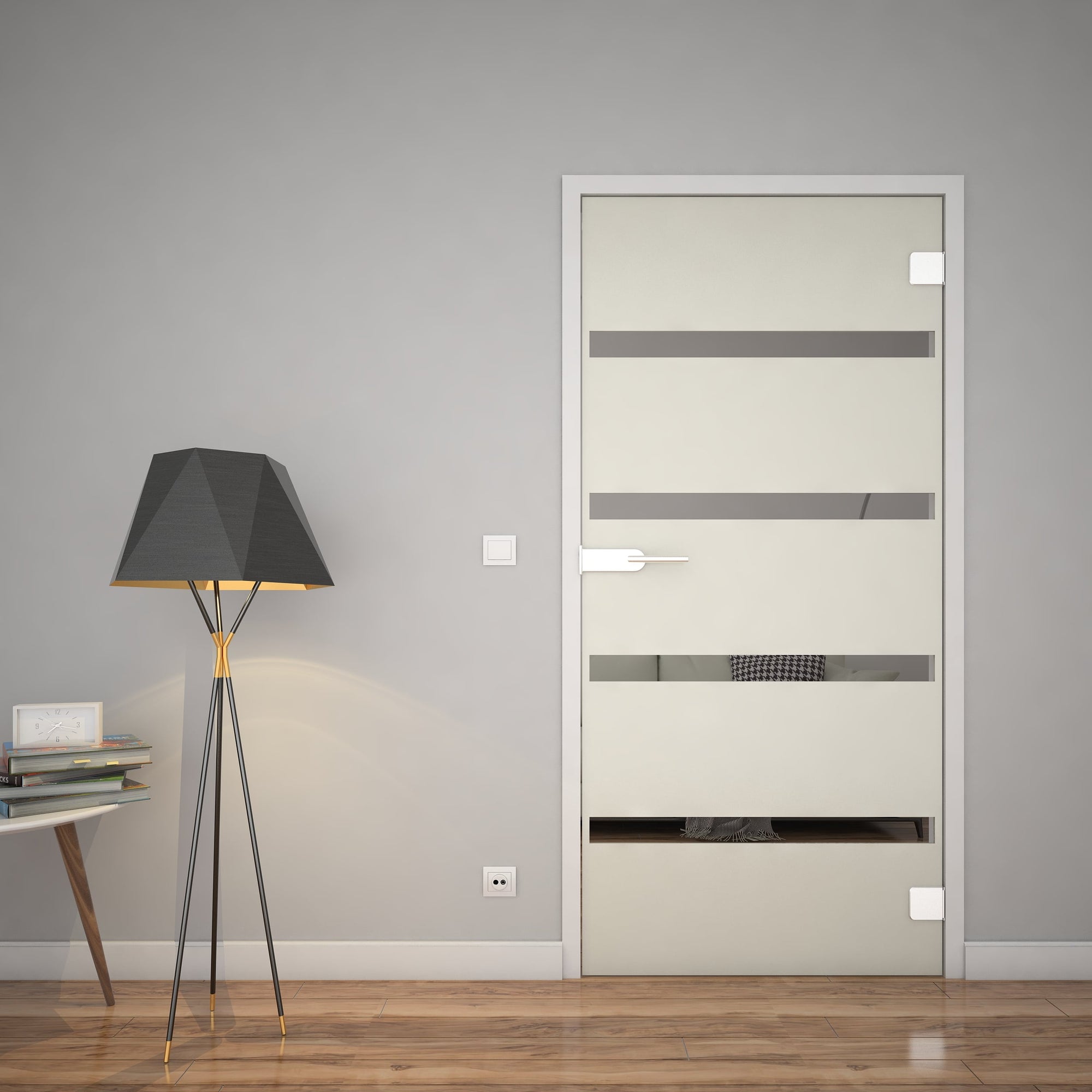 Zimmertür mit Glas und horizontalen dunklen Streifen, weißer Rahmen.