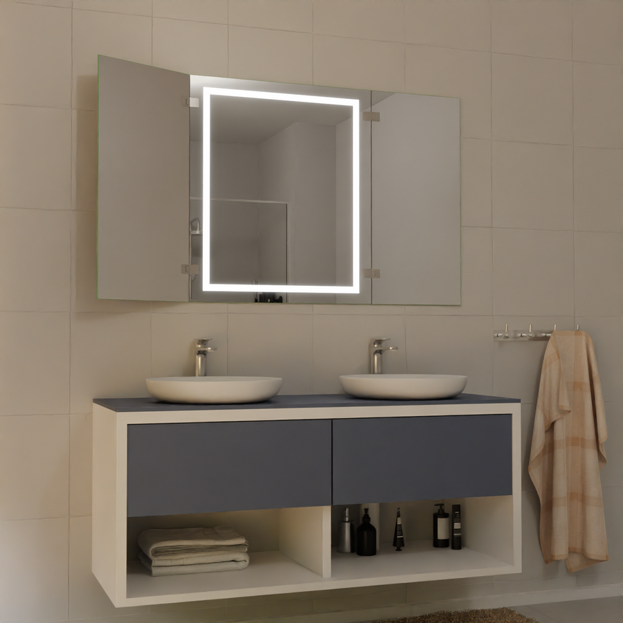Klappspiegel Sammy mit LED-Rahmen und zwei seitlichen Klappflügeln, rechteckig