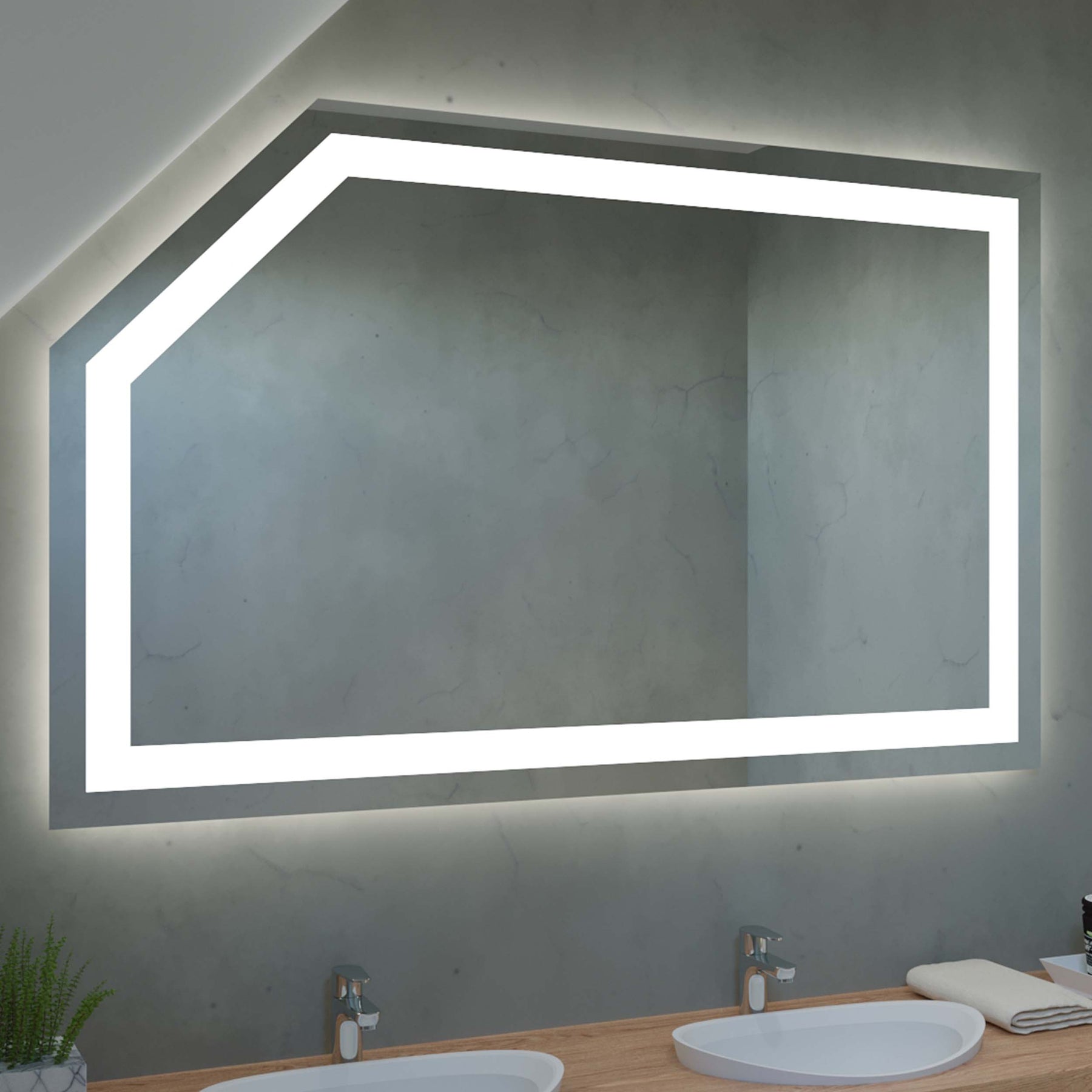 Spiegel für Dachschräge mit LED-Rahmen, Spiegelkontur über zwei runden Aufsatzwaschbecken