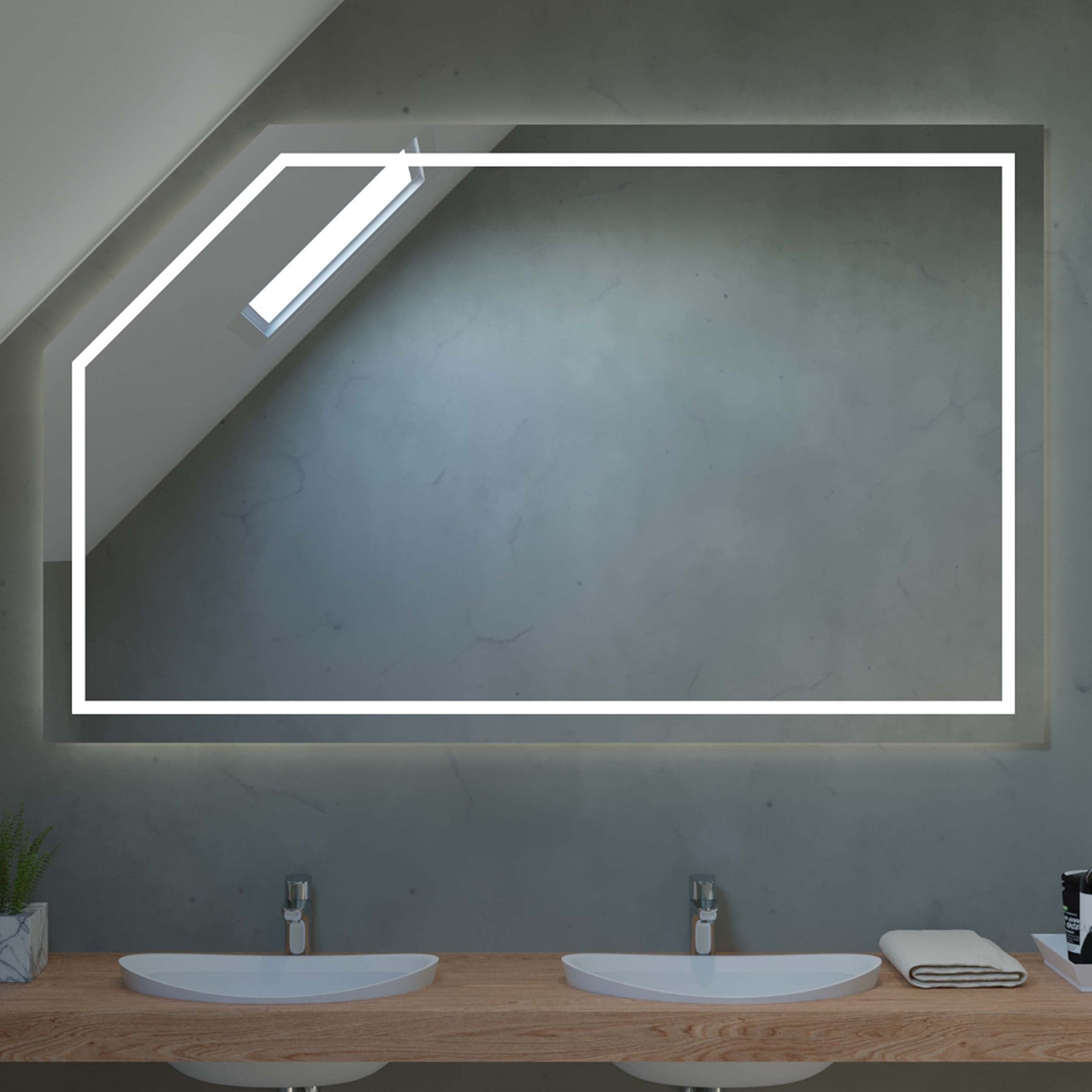 Deckenmontierter Spiegelrahmen für Dachschräge, rechteckig mit weißem LED-Licht