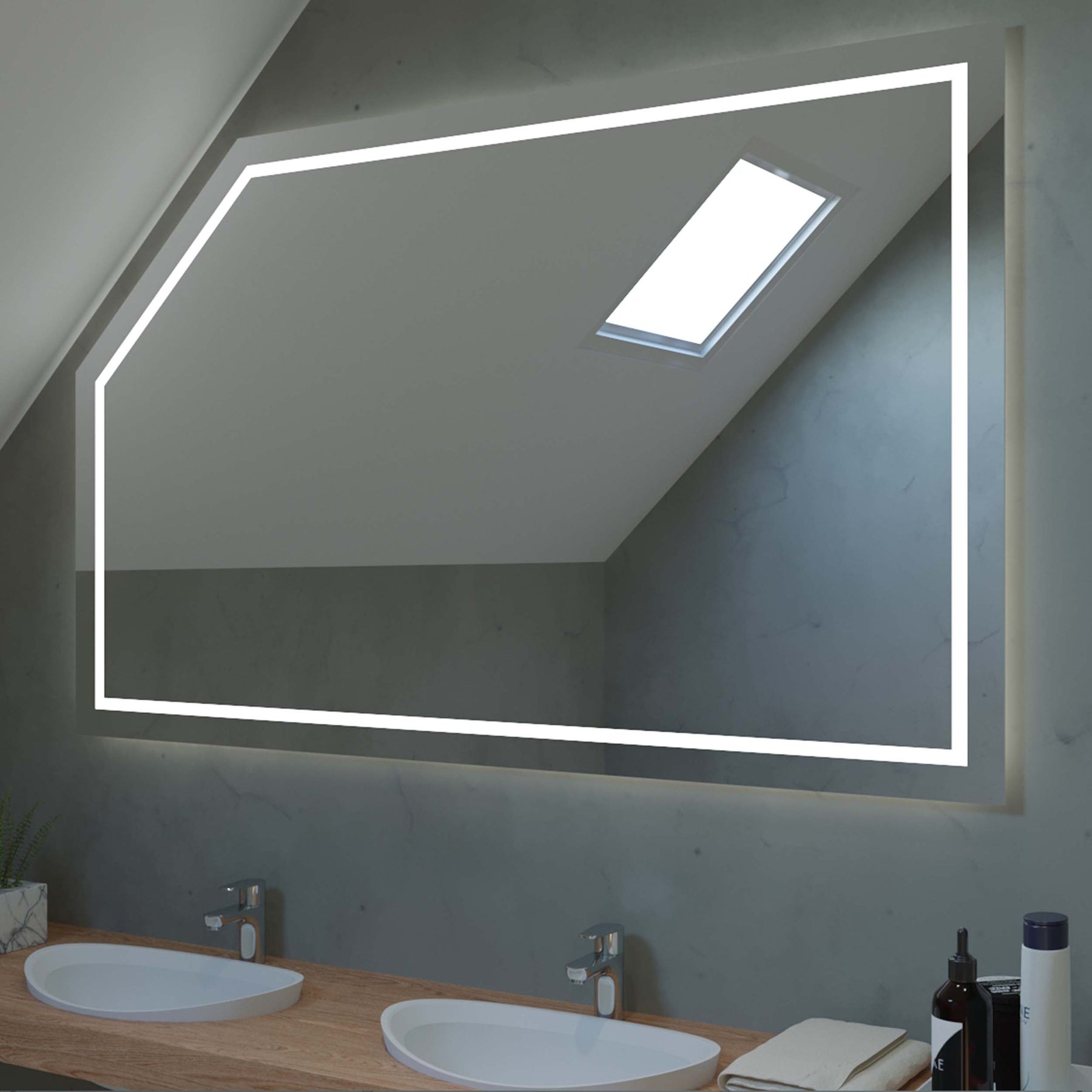 Rechteckiger Spiegel für Dachschräge mit LED-Rahmen und seitlicher Eckansicht