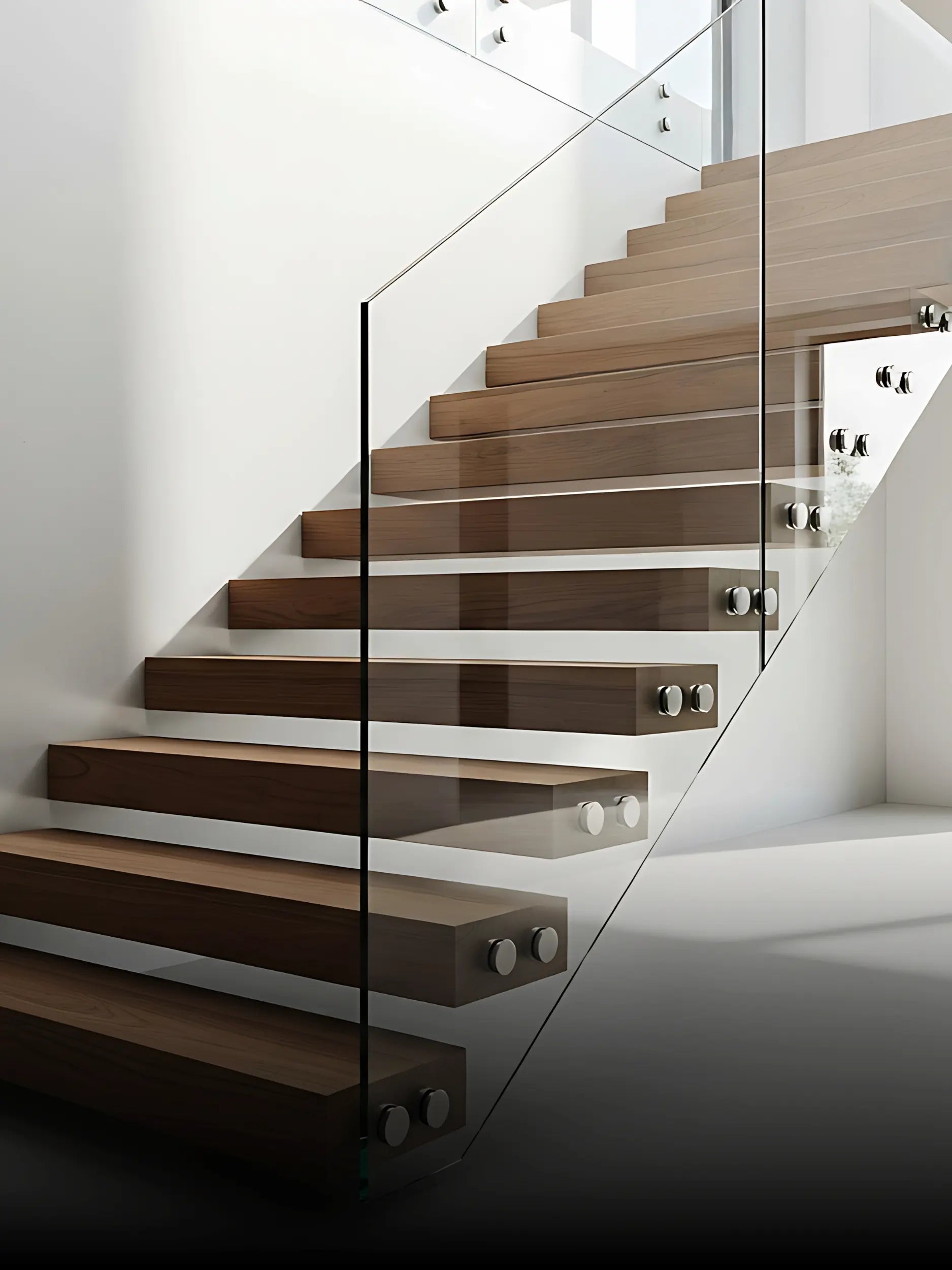 Freitragende Holztreppe mit klarer Glasbrüstung und Edelstahlbeschlägen in einem hellen, minimalistischen Wohnraum