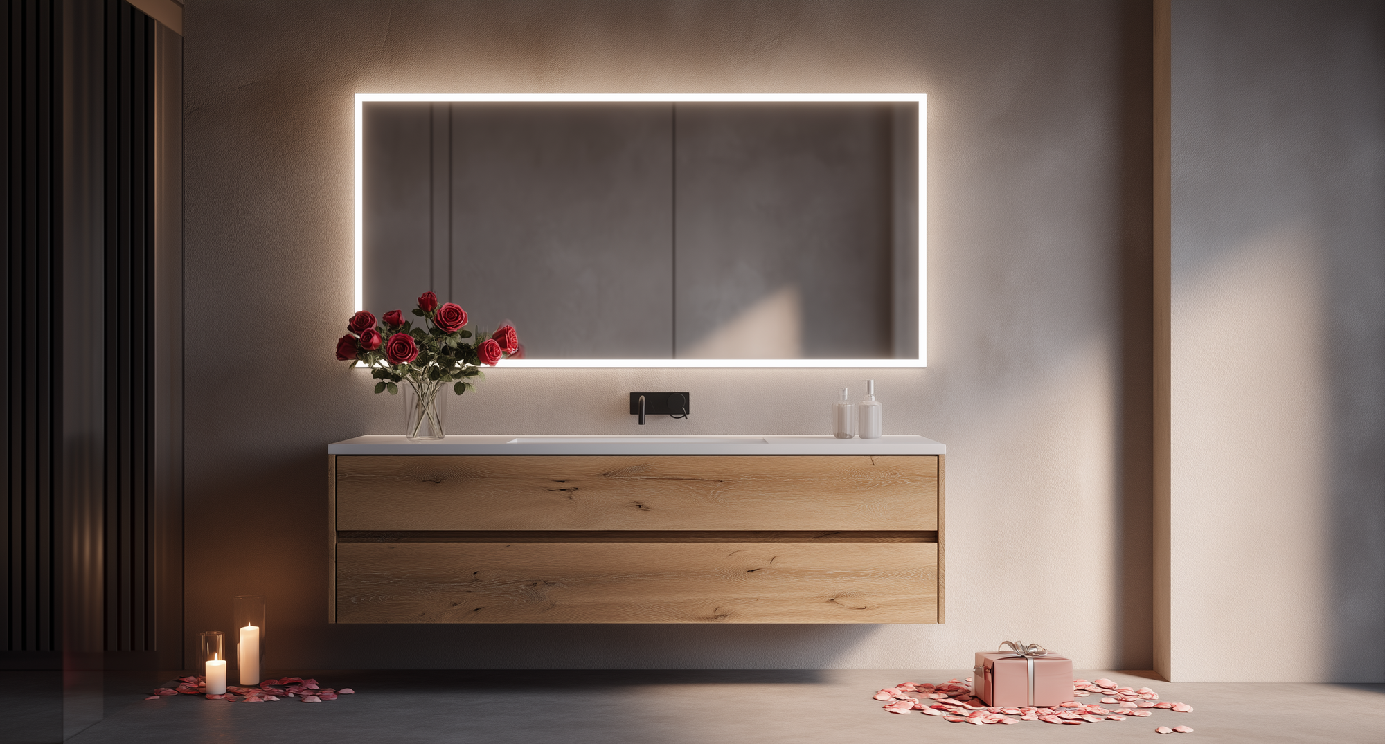 Eleganter LED Badspiegel mit heller Rahmenbeleuchtung über schwebendem Holz-Waschtisch in warmer Eiche-Optik. Romantische Deko mit roten Rosen, Kerzen und Geschenk auf Blütenblättern – luxuriöses Badezimmer-Ambiente