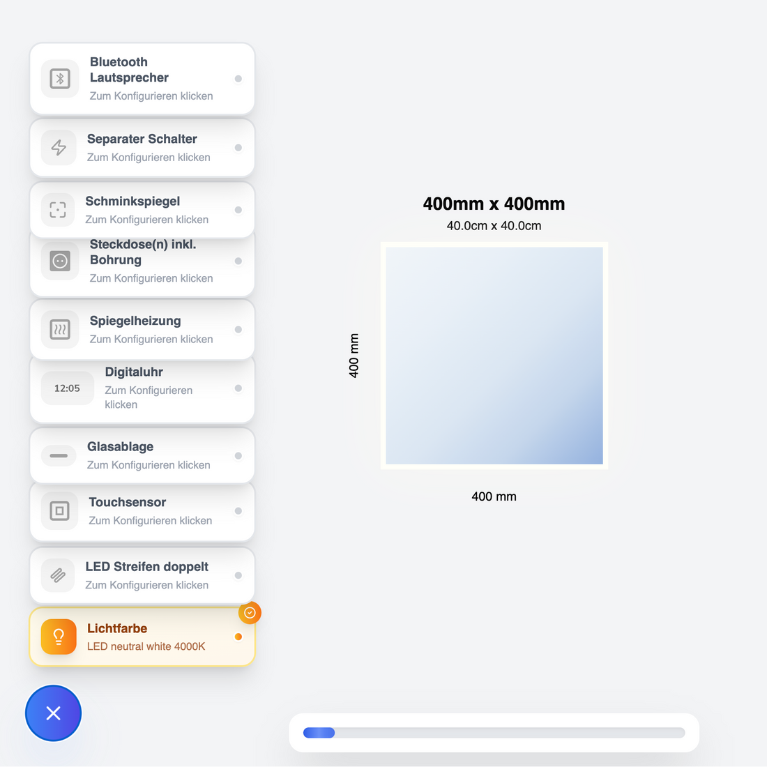 Übersicht der Konfigurator-Navigation mit auswählbaren Funktionen wie Lautsprecher, Schminkspiegel, Steckdose, Heizung und Lichtfarbe sowie Vorschau der aktuellen Spiegelgröße.