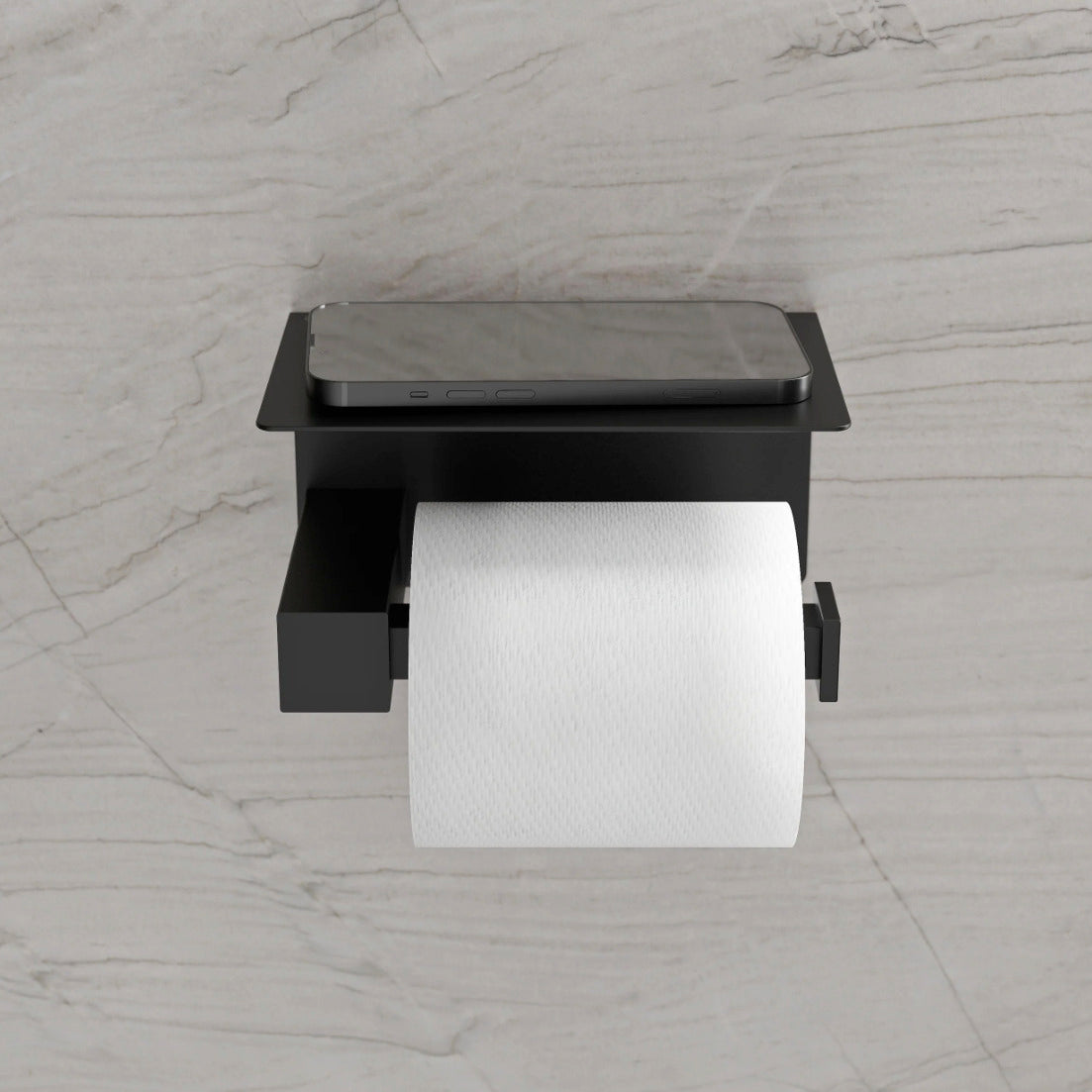 Papierrollenhalter mit Ablage, matt schwarz, mit montierter Papierrolle